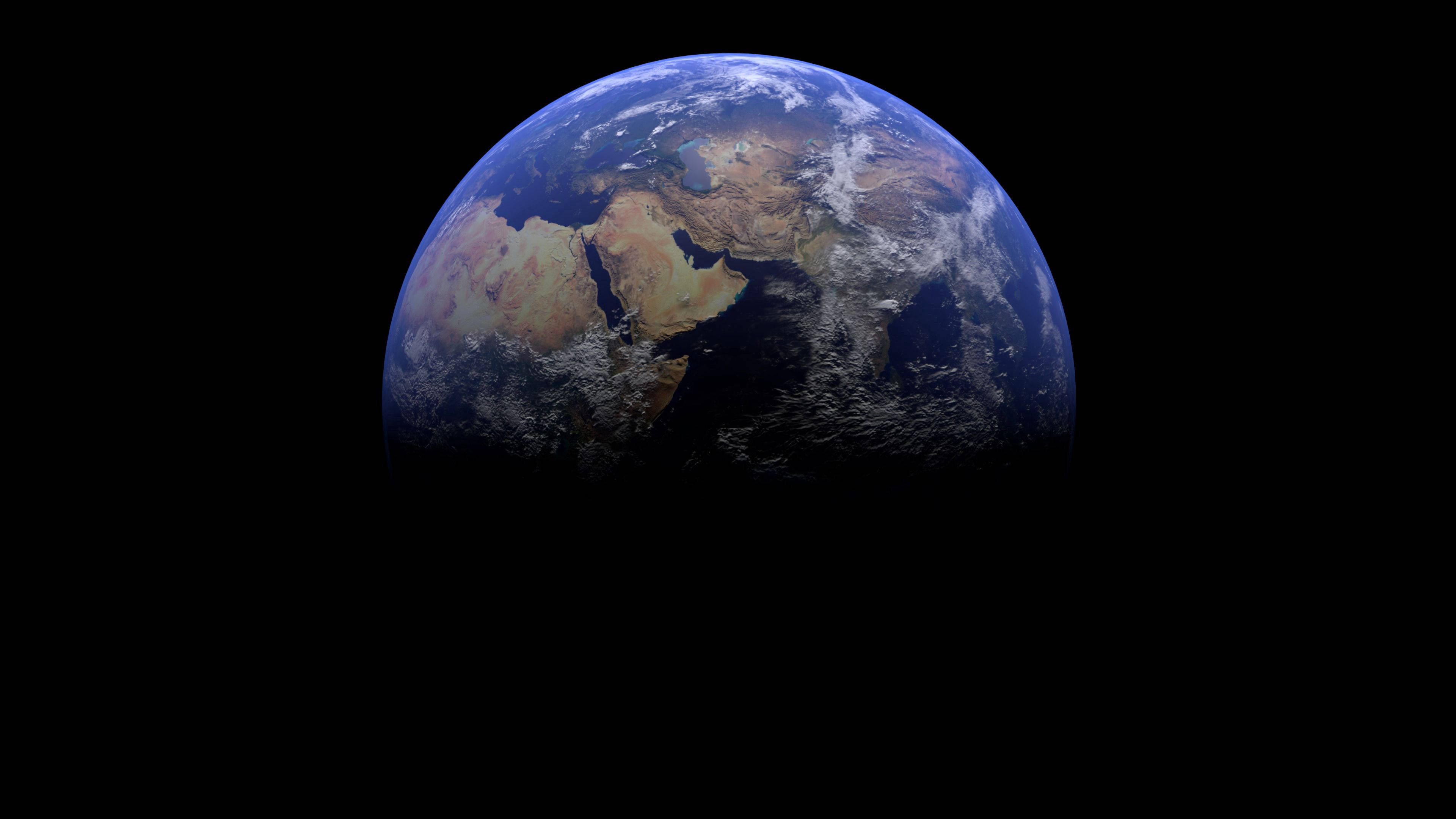 太空 桌布 壁紙 — 從太空看到地球的壯麗景色，顯示非洲和亞洲，背景是黑色的太空虛空。