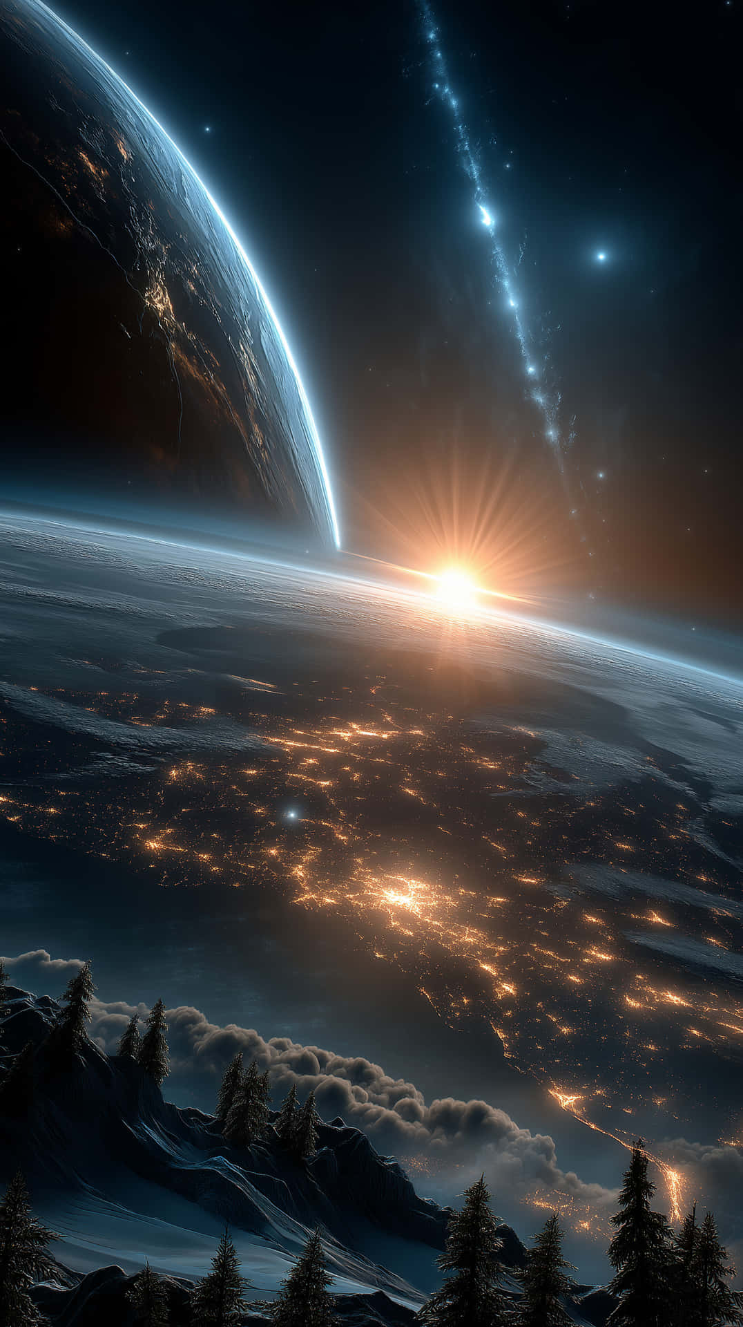 Sunrise Over Illuminated Earth from Space Perspective 壁紙 — 從太空看到日出時地球的壯麗景色，下方有發光的城市燈光，前景是山區景觀。
