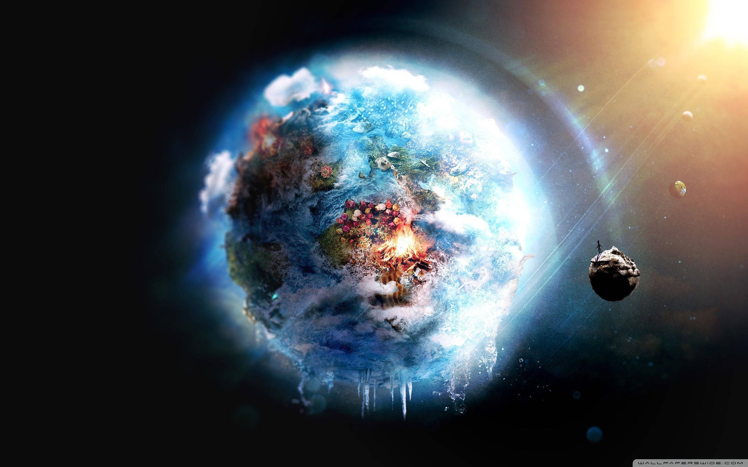 外太空 桌布 壁紙 — 從太空看到的一顆發光藍色行星，表面有猛烈爆炸，附近有一顆小衛星。