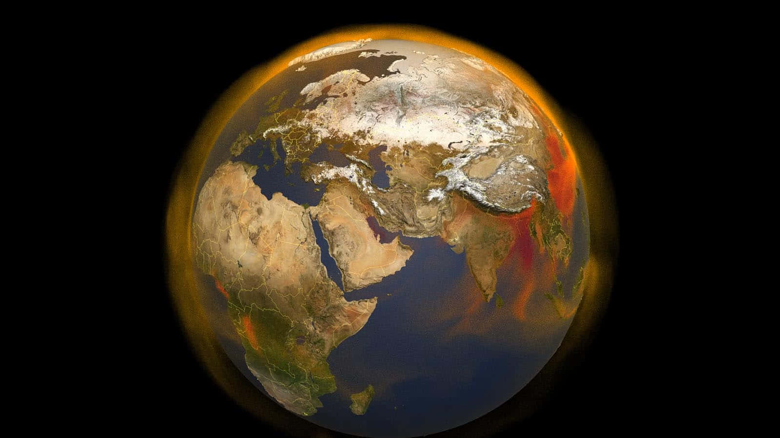地球 桌布 壁紙 — 從太空看到的地球，大陸沐浴在溫暖的橙色和紅色色調中，背景是黑色的虛空。