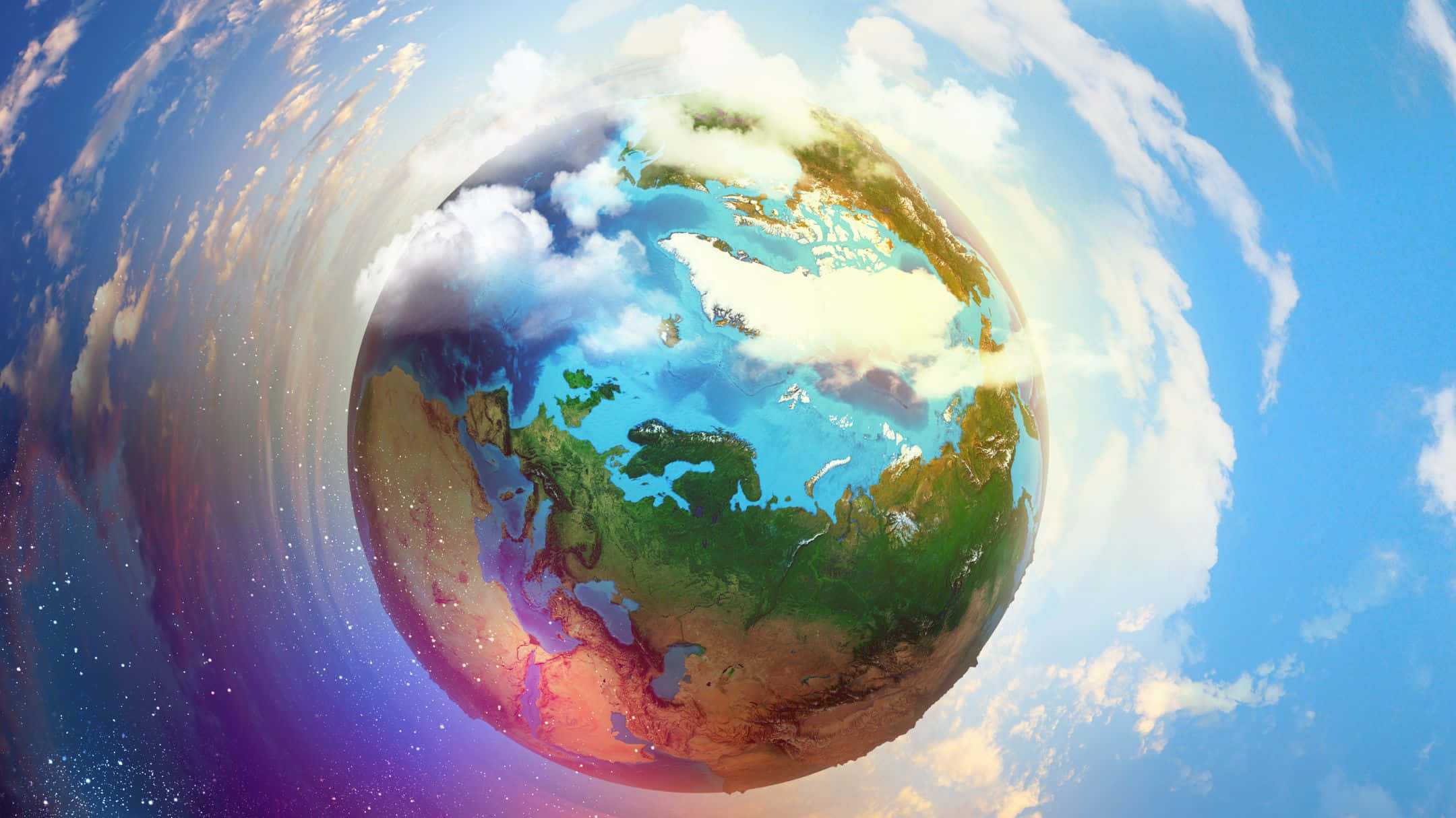 酷 桌布 壁紙 — 從太空看到的地球360度全景，充滿活力，周圍環繞著旋轉的雲層和宇宙色調。