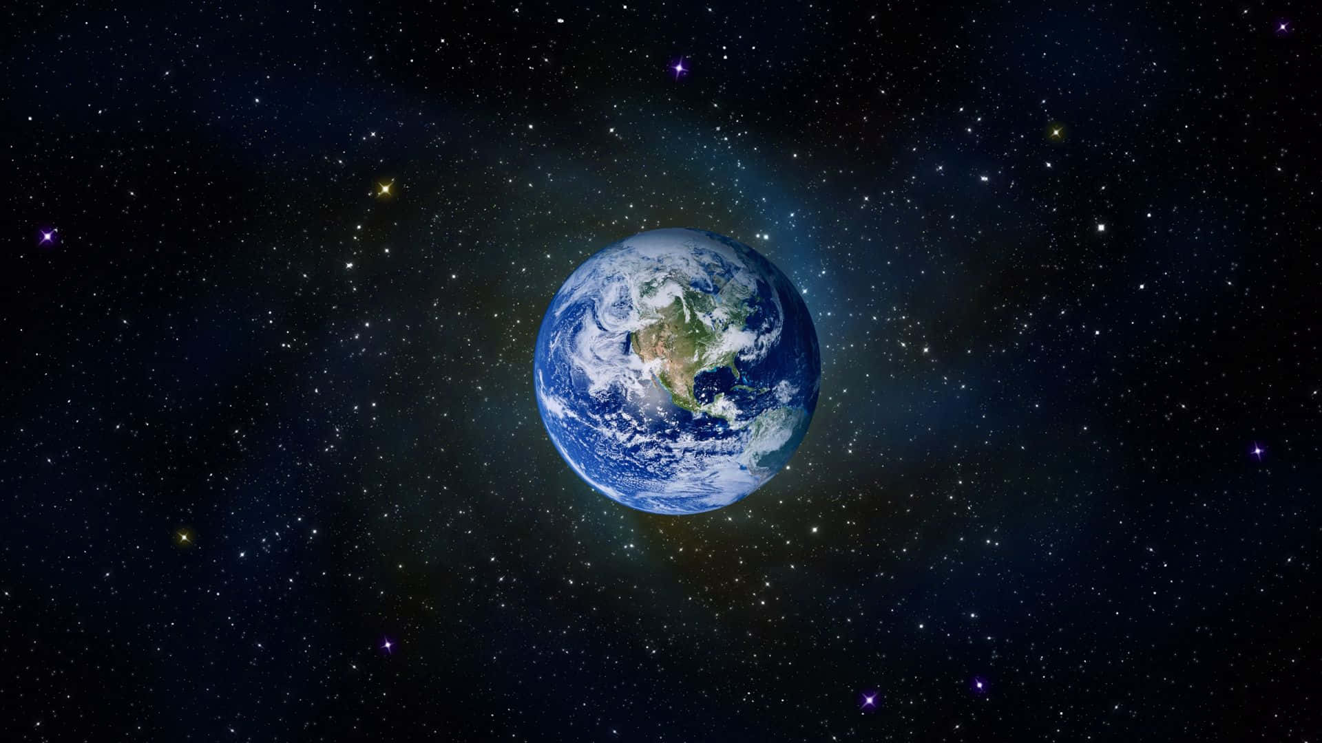 Real Space 桌布 壁紙 — 從太空看到的地球壯麗景色，周圍是星場、發光星雲以及可見的大陸、海洋和雲層。