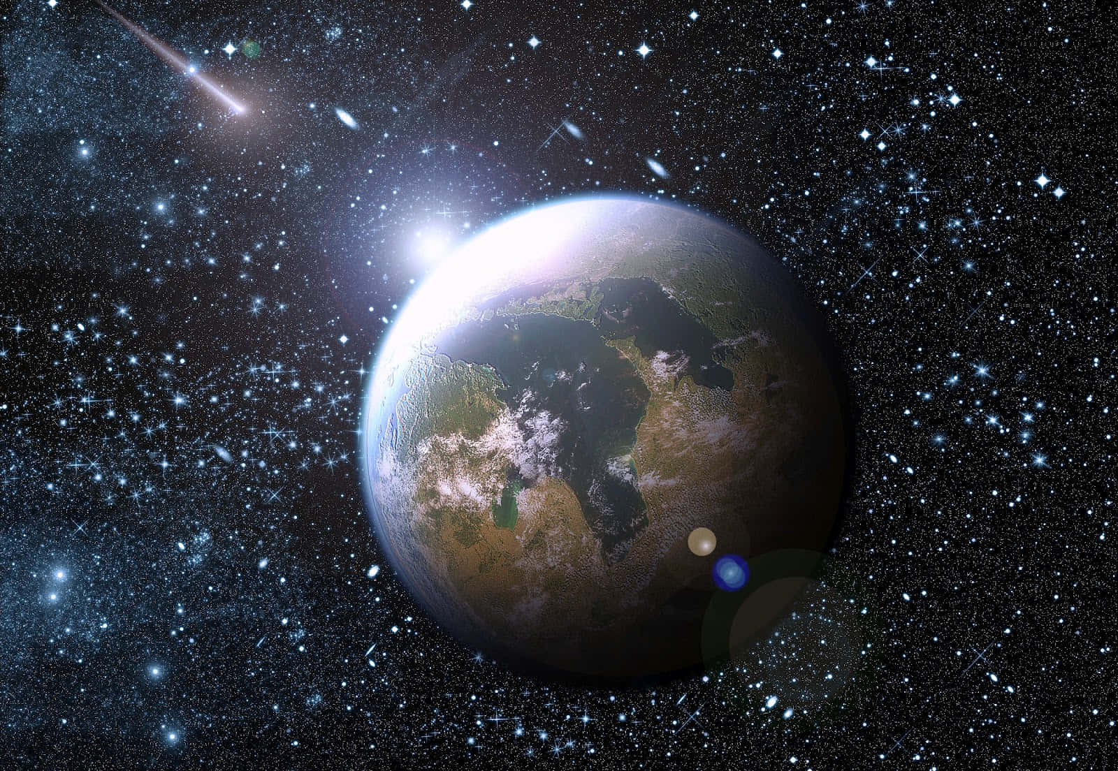 行星動畫 桌布 壁紙 — 從太空看到的地球壯麗景色，周圍環繞著閃爍的星星和一顆閃亮的彗星劃過宇宙背景。