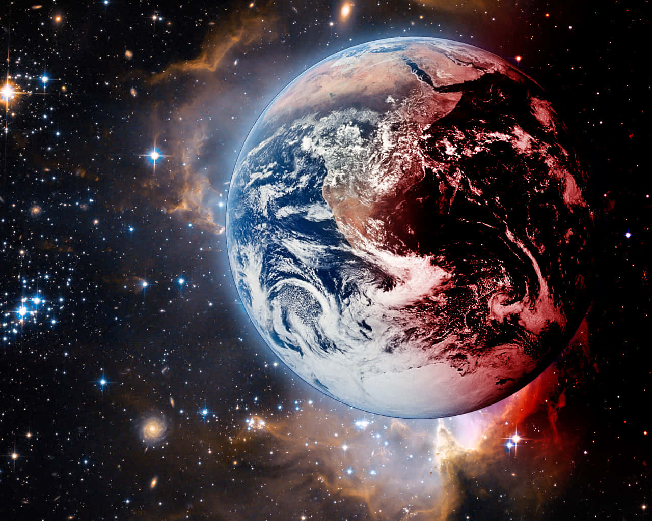 地球 桌布 壁紙 — 從太空看到的地球壯麗景色，周圍環繞著充滿活力的星雲和閃爍的星星，構成宇宙場景。