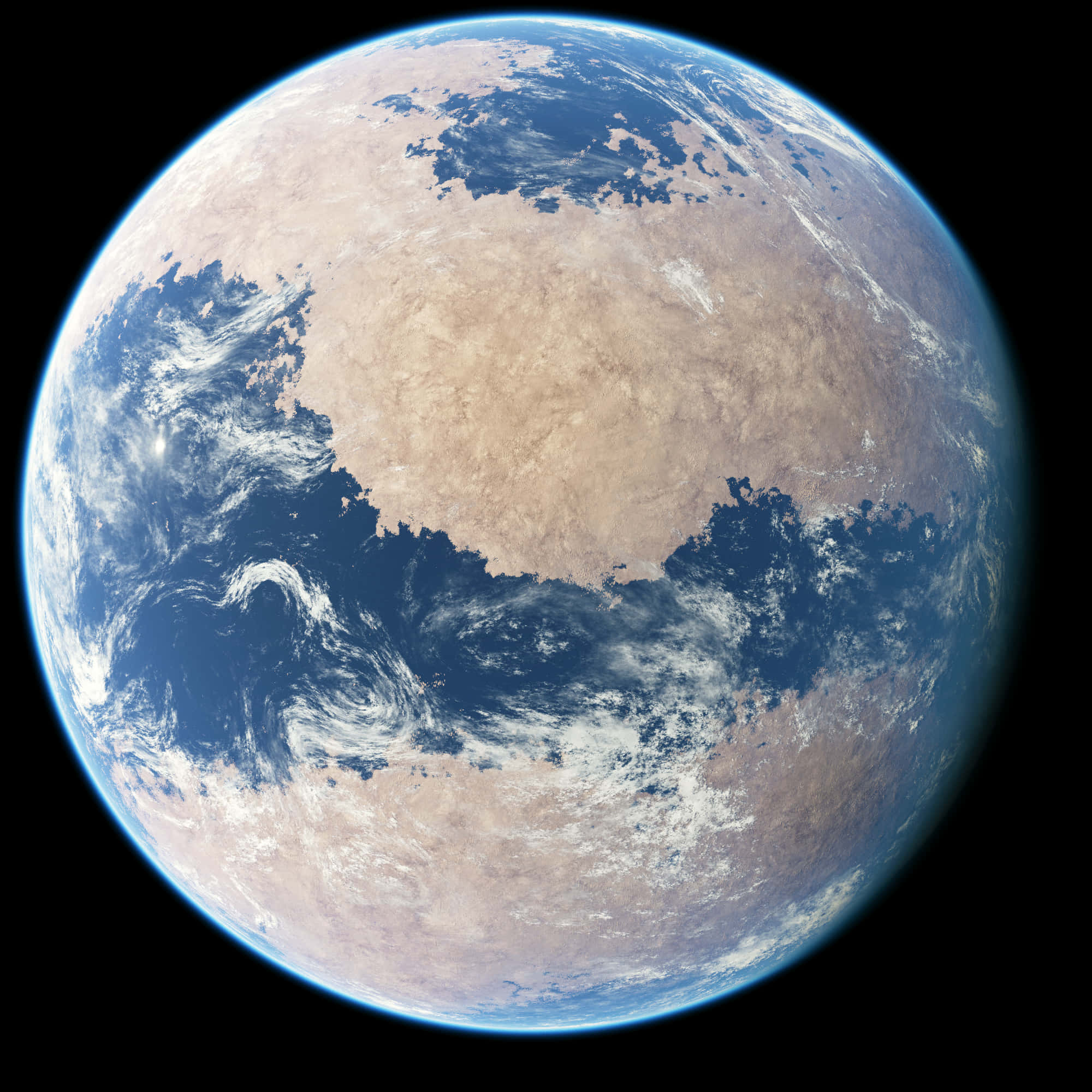 行星動畫 桌布 壁紙 — 從太空看到的地球壯麗景色，展現了在薄薄的大氣輝光下旋轉的藍色海洋和廣闊的米色大陸。