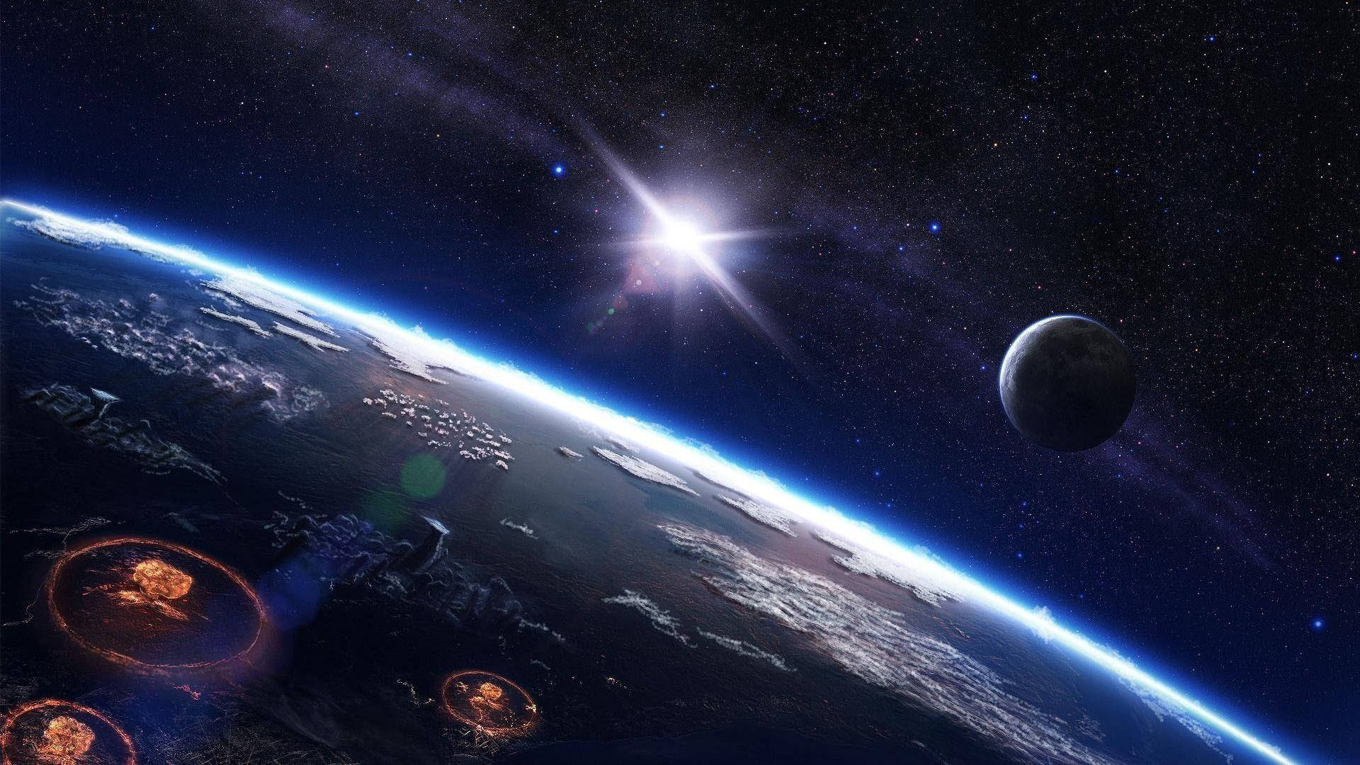 月光 桌布 壁紙 — 從太空看到的地球壯麗景色，有明亮的星爆太陽、月亮，以及行星表面發光的外星結構。