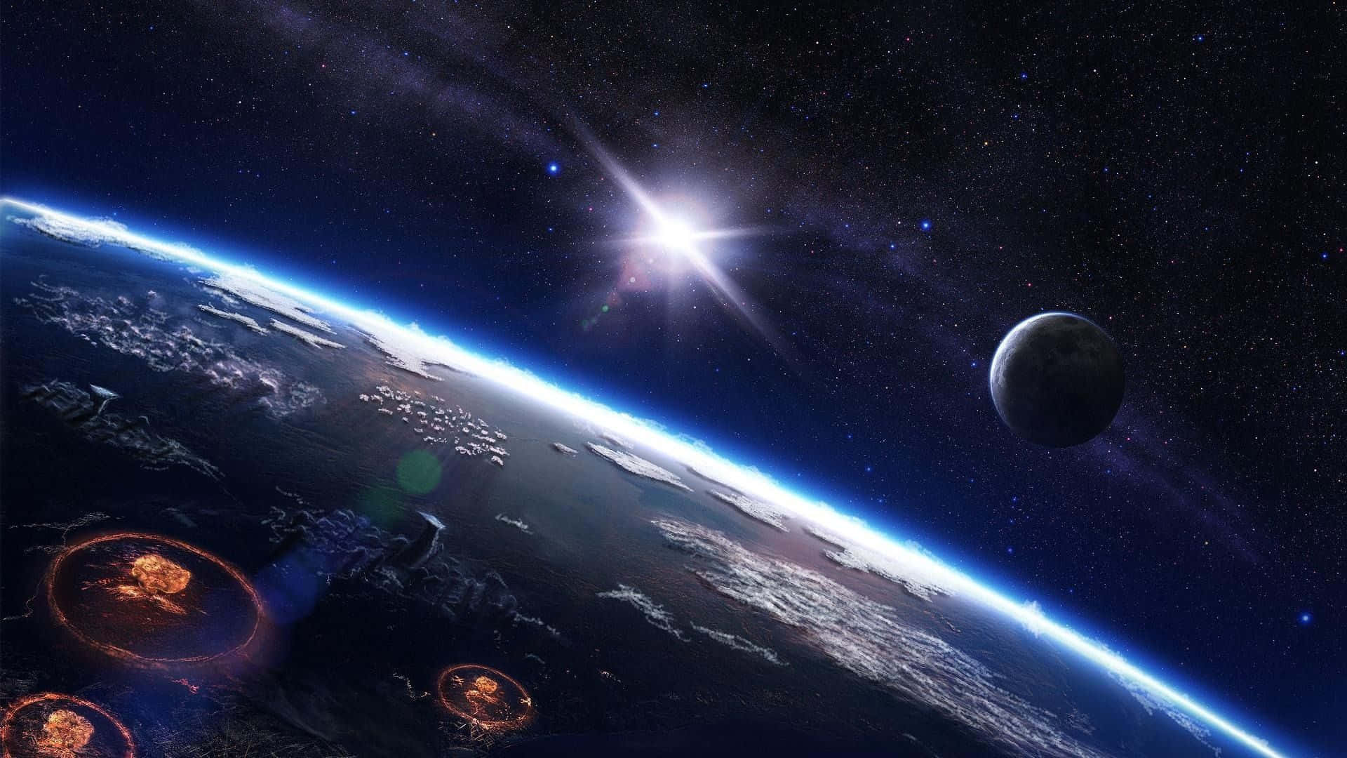 酷炫太空 桌布 壁紙 — 從太空看到的地球壯麗景色，有明亮的星爆太陽、月亮和行星表面發光的圓形結構。