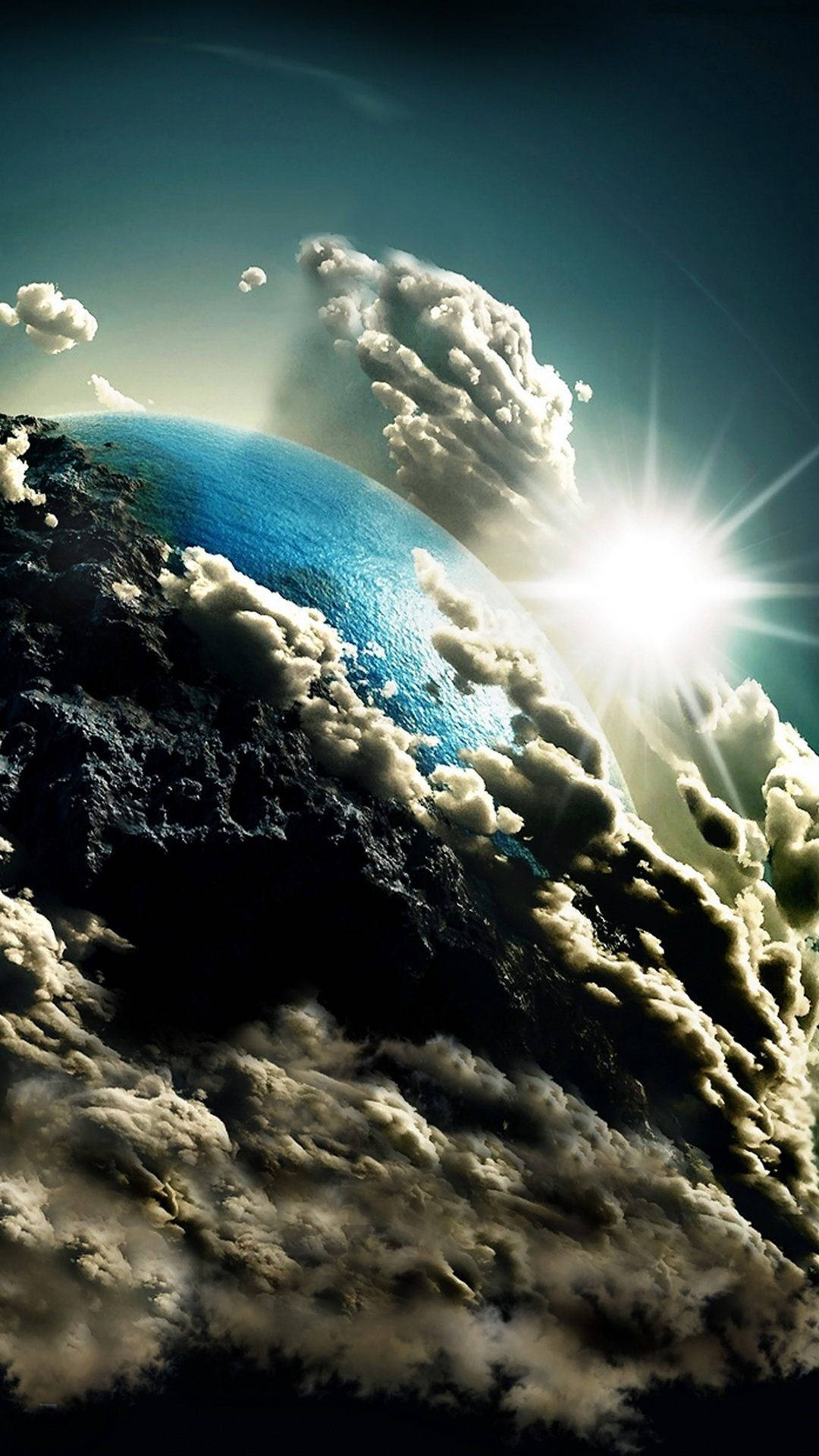 地球 桌布 壁紙 — 從太空看到的地球戲劇性景象，有旋轉的雲層和明亮的太陽在藍色海洋和黑暗陸地上投射光線。