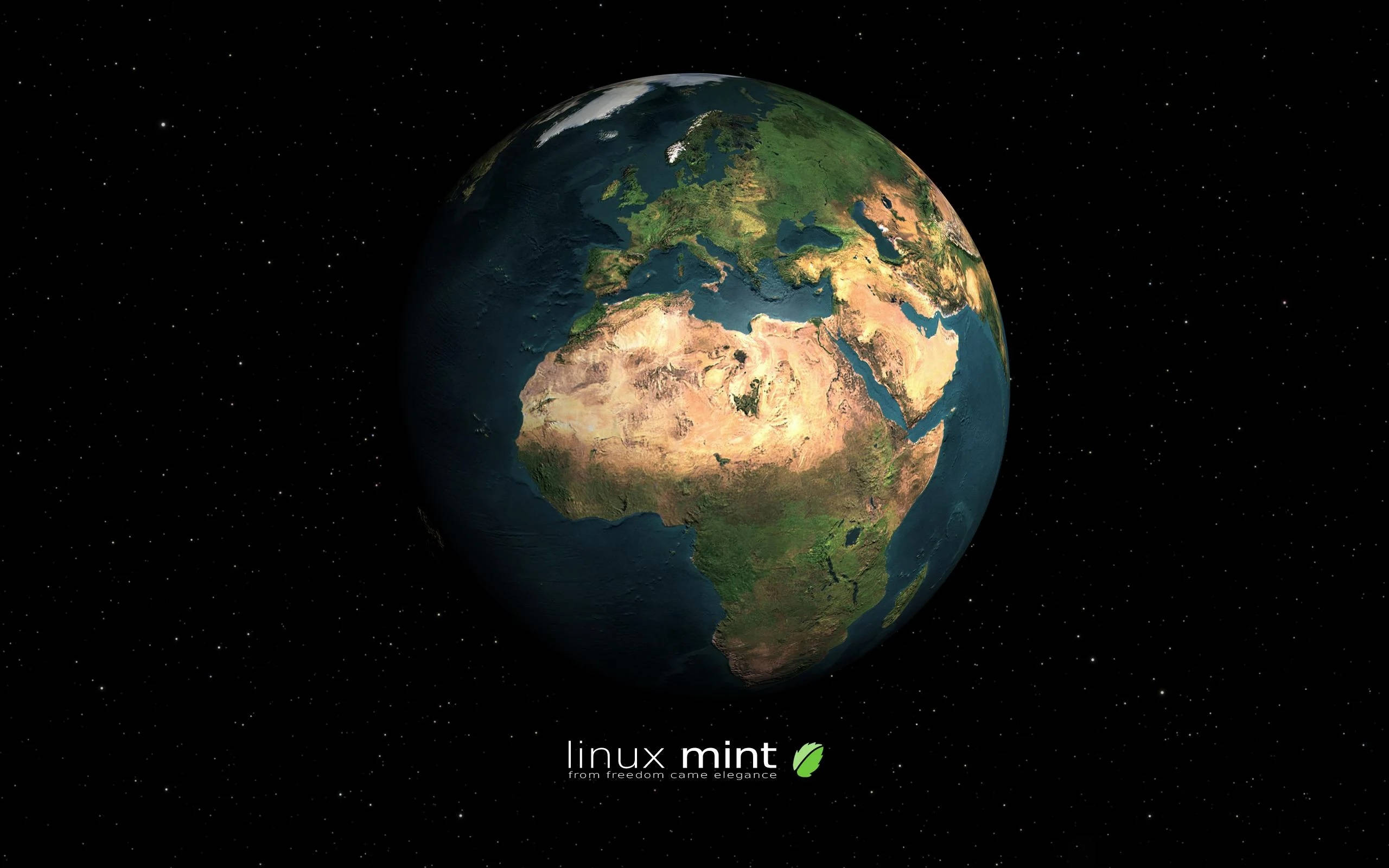 Linux 桌布 壁紙 — 從太空看到的地球詳細3D渲染圖，突出非洲、歐洲和亞洲，背景是繁星點點的黑色天空。