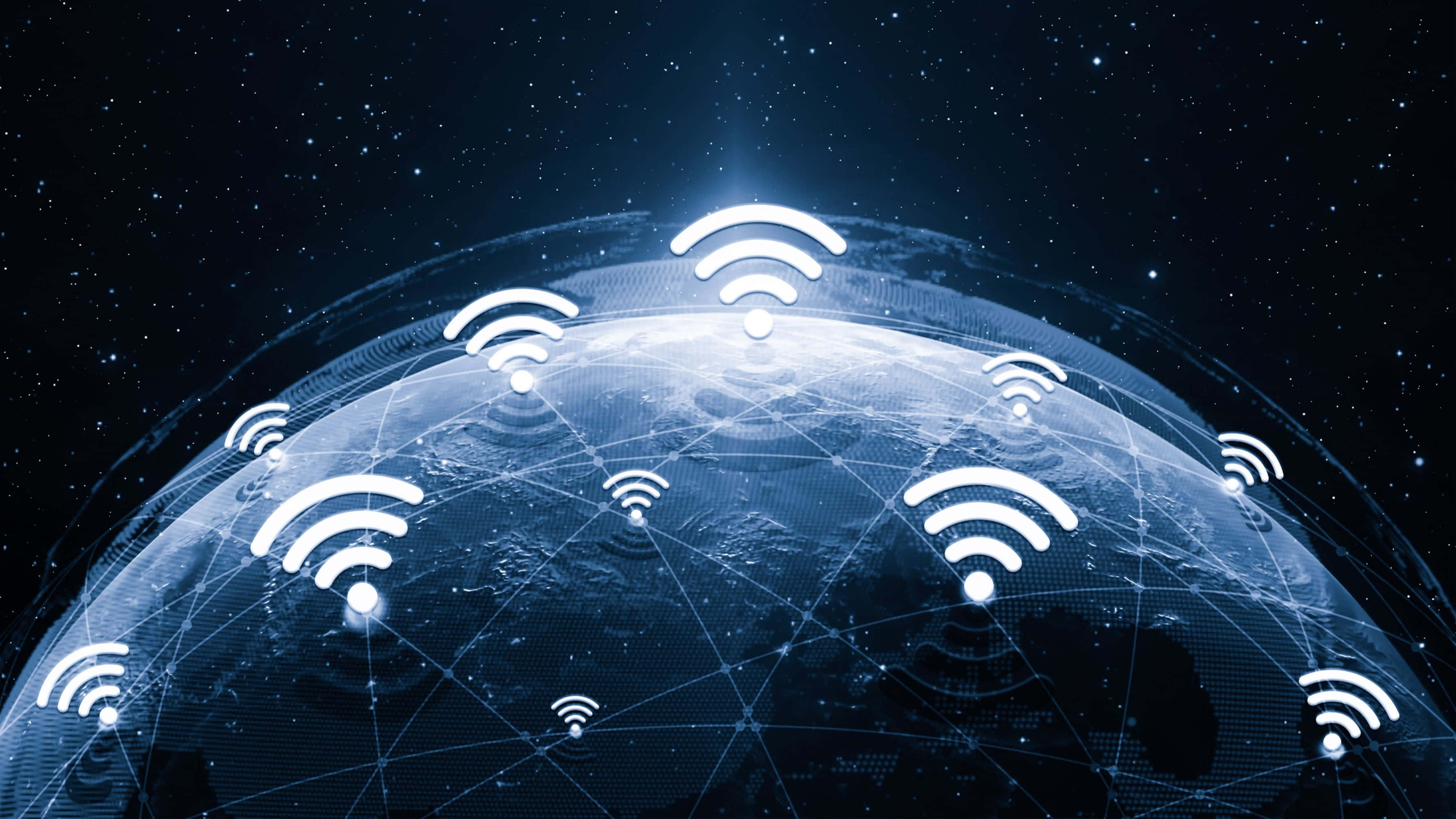 connected 桌布 壁紙 — 從太空看到的藍色地球，表面周圍漂浮著發光的白色WiFi符號，背景是星空。