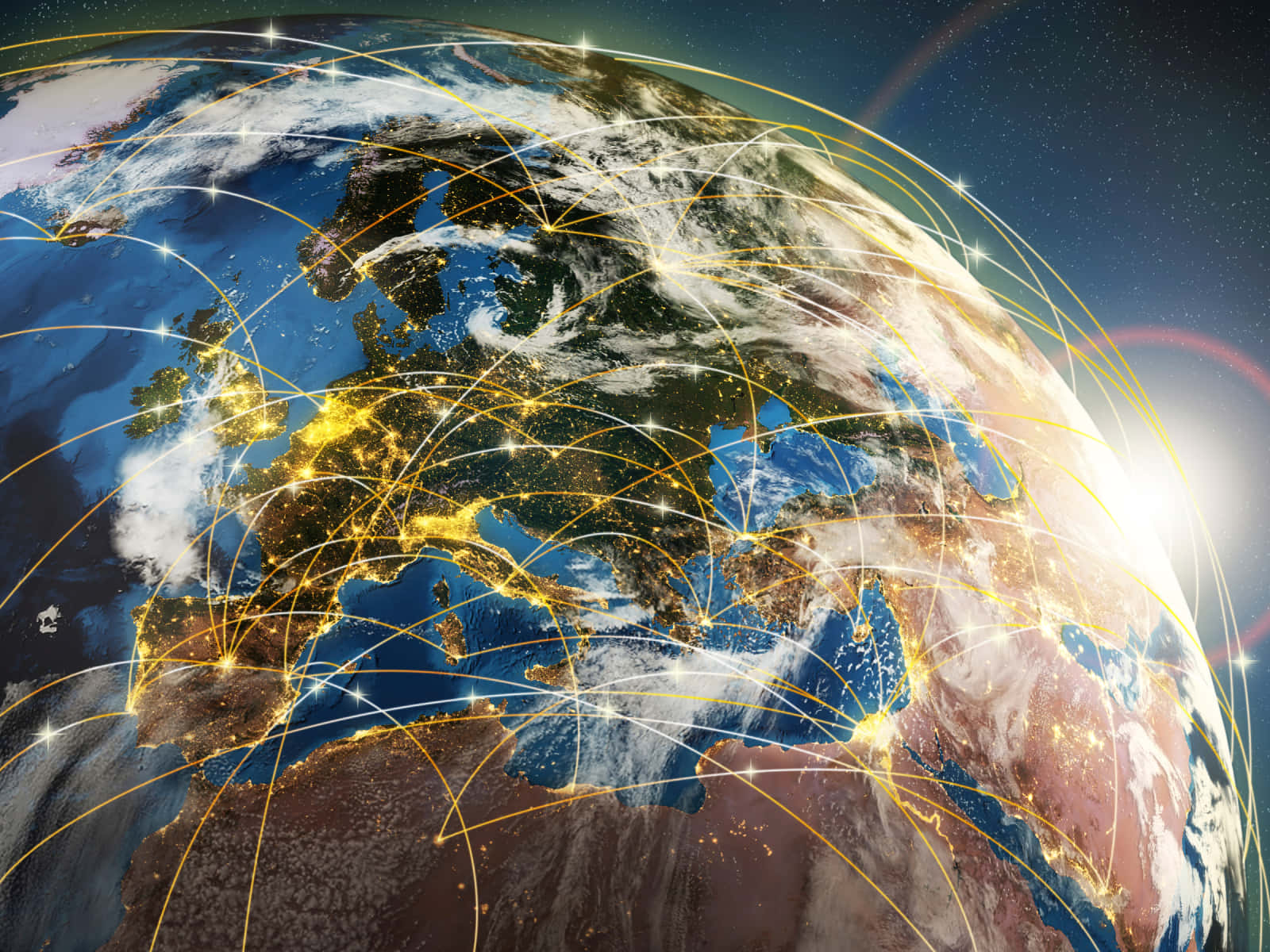 World 桌布 壁紙 — 從太空看到的詳細地球上，金色線條組成的發光數位網絡連接了被照亮的城市。
