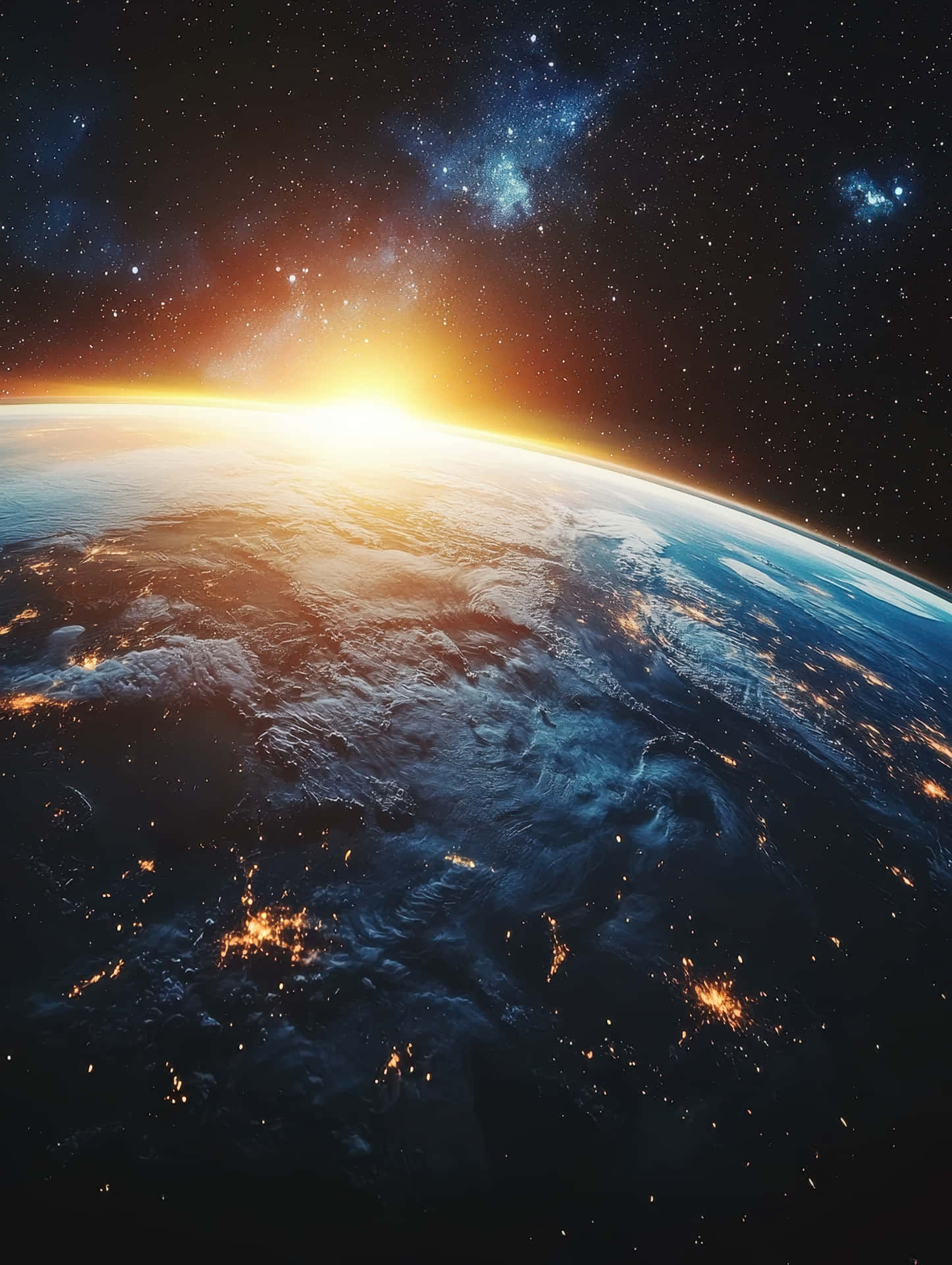 Stunning Spacial View on Earth from Space with Sunrise and Galaxy 壁紙 — 從太空看地球，日出時分，城市燈光閃爍，背景是繁星銀河