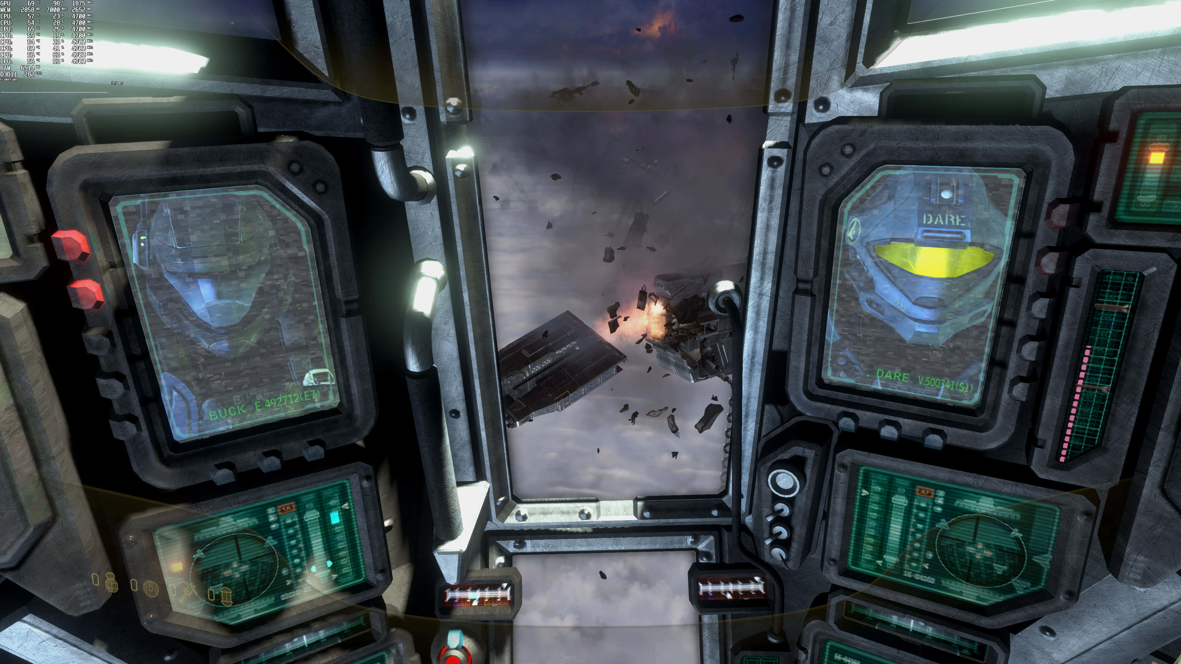 Halo Odst 4K 桌布 壁紙 — 從太空船駕駛艙內部看到的景象，顯示外面黑暗天空中發生猛烈爆炸和碎片。