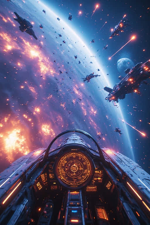 Space Battle wallpaper 壁紙 — 從太空船駕駛艙視角，一顆巨大的藍色行星發光，熾熱的橙色爆炸和敵方飛船劃過星域。