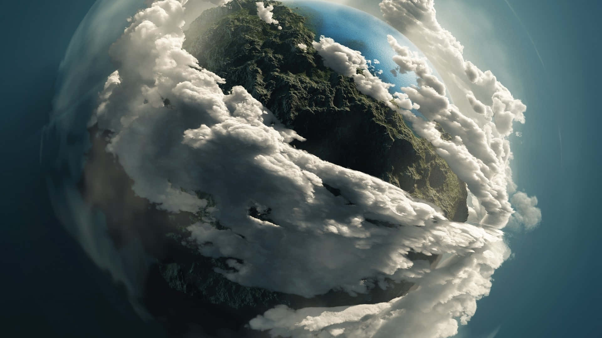 Atmosphere 桌布 壁紙 — 從太空觀看，一個球狀行星，擁有茂密的綠色地形和旋轉的白色雲層，背景是深藍色。