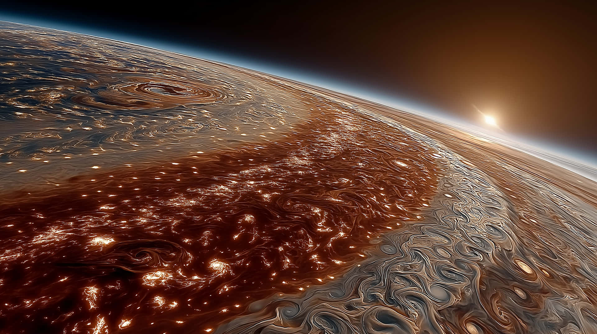 Glimmering View of Jupiter's Swirling Storms from Orbit 壁紙 — 從太空觀看一個旋轉的行星，帶有火橙色和旋轉的棕色雲層，明亮的太陽在地平線上升起。