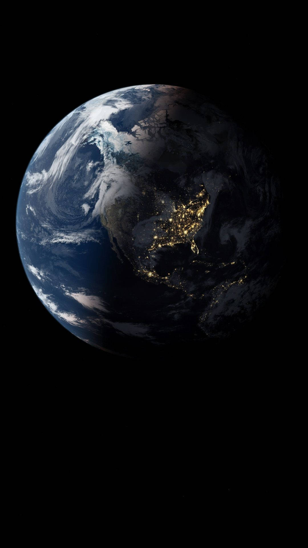 動態圖 桌布 壁紙 — 從太空觀看夜晚的地球，北美各地閃爍的城市燈光映襯著黑暗的虛空。
