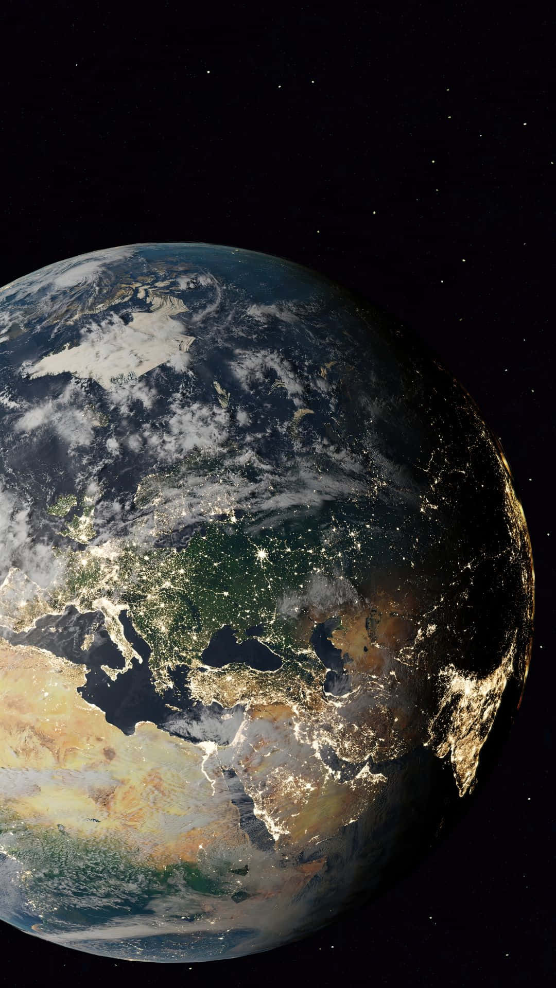 Live Space 桌布 壁紙 — 從太空觀看夜晚的地球，城市燈光閃爍，雲層旋轉，背景是繁星點點的黑色天空。