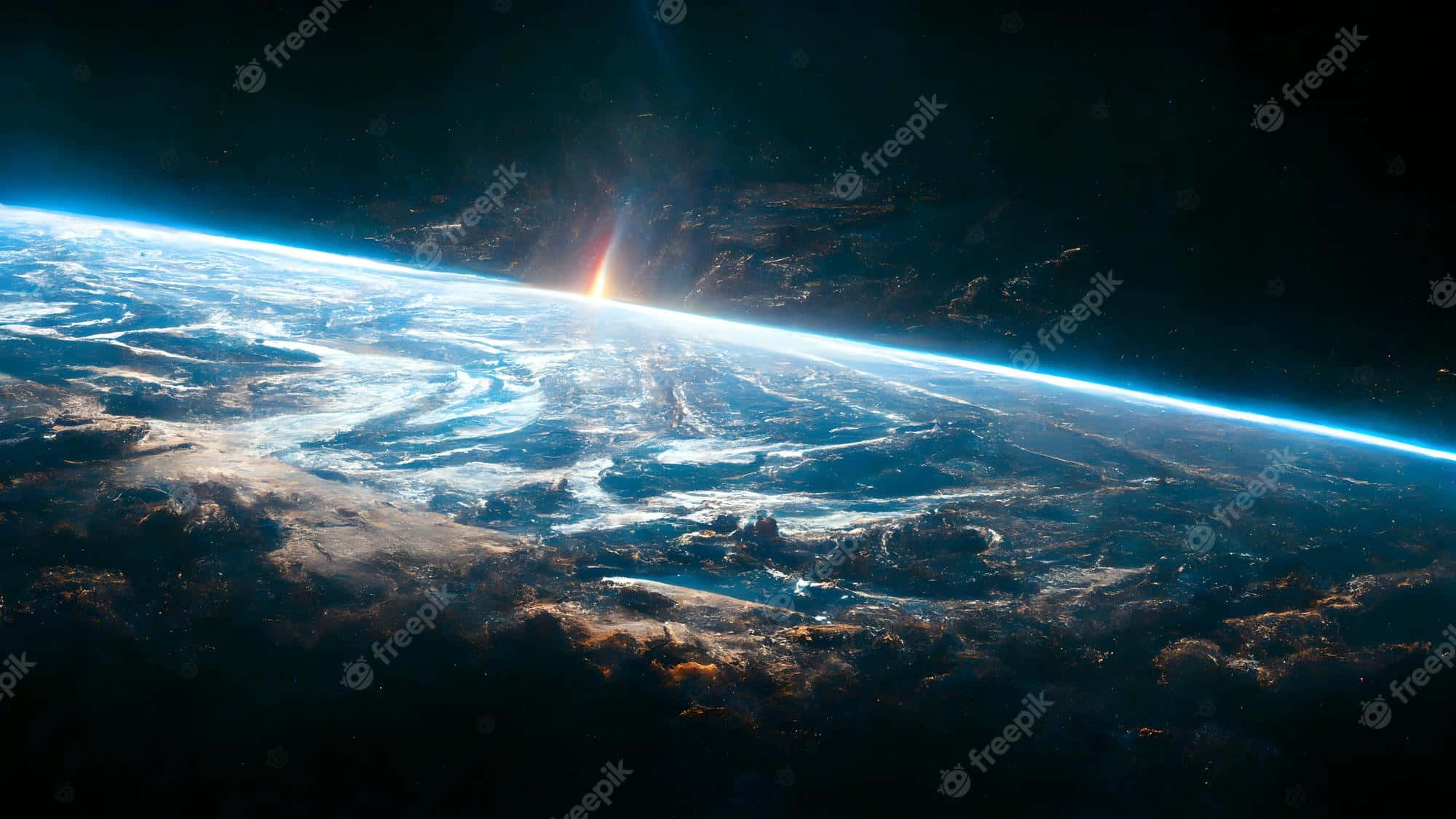 桌布 壁紙 — 從太空觀看日出時地球的壯麗景色，充滿活力的藍色大氣和下方旋轉的雲層。