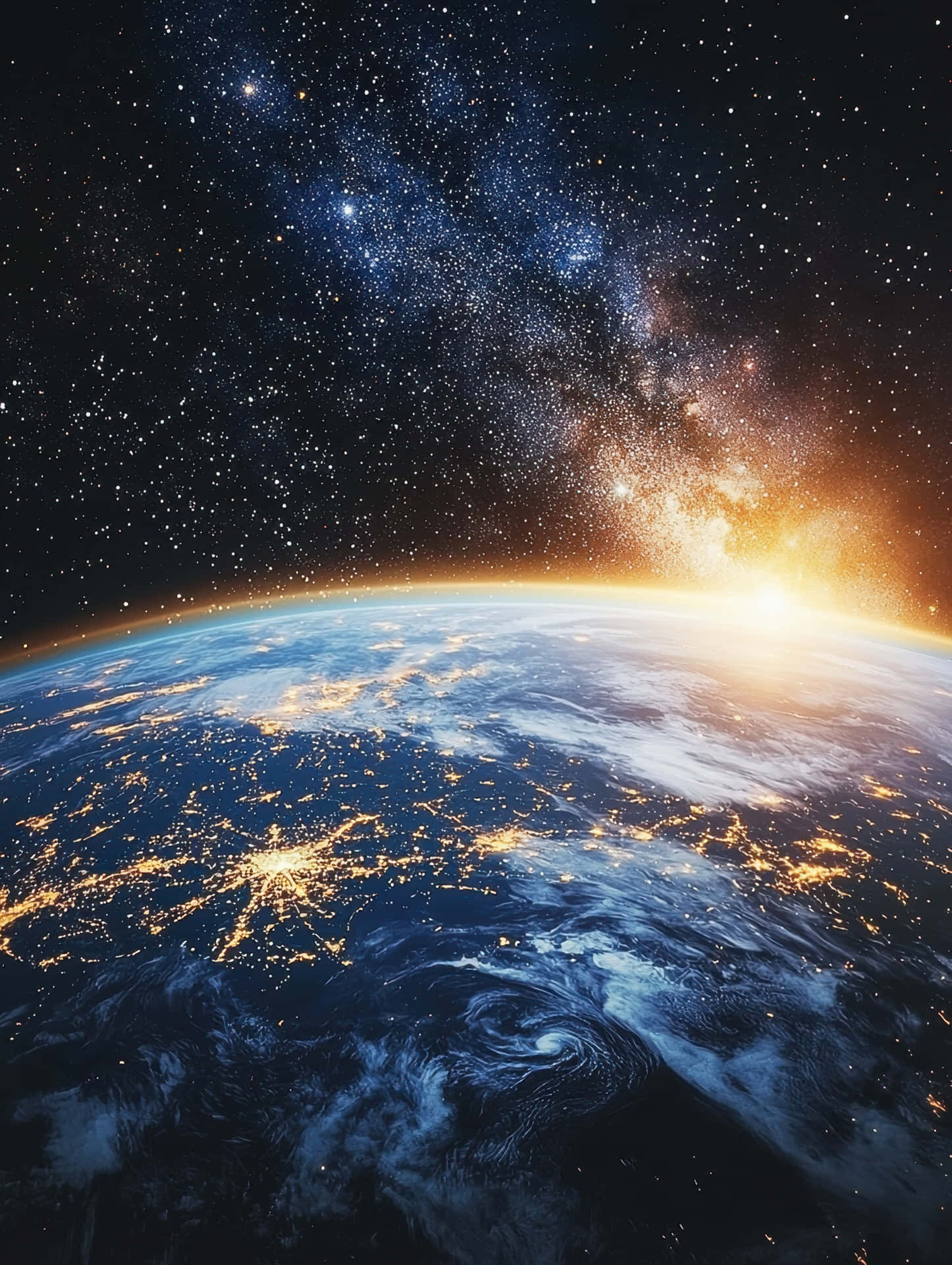 Earth's Horizon at Sunrise with Space Galaxy and City Lights 壁紙 — 從太空觀看暮色中的地球，城市燈光在海洋和雲層之上旋轉，下方是星空。