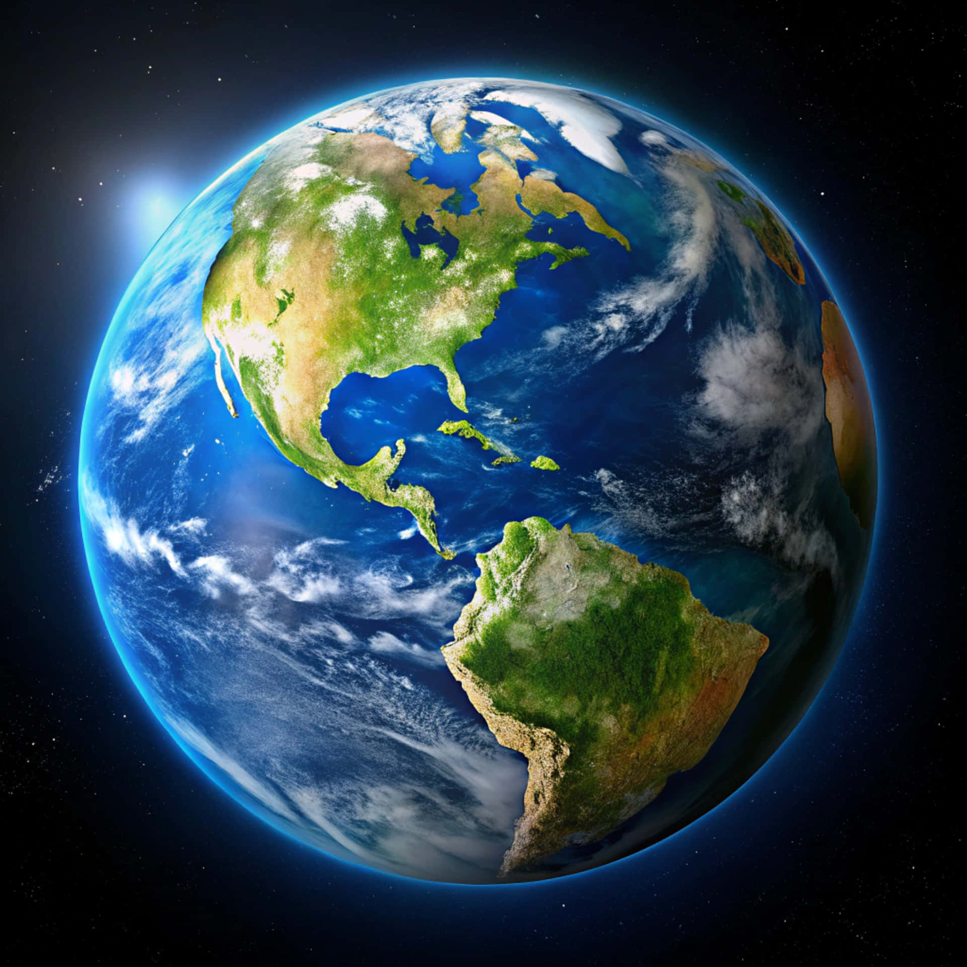 Planet Earth 壁紙 — 從太空觀看的鮮豔藍色地球，北美洲和南美洲突出顯示在星光點點的黑色背景上。