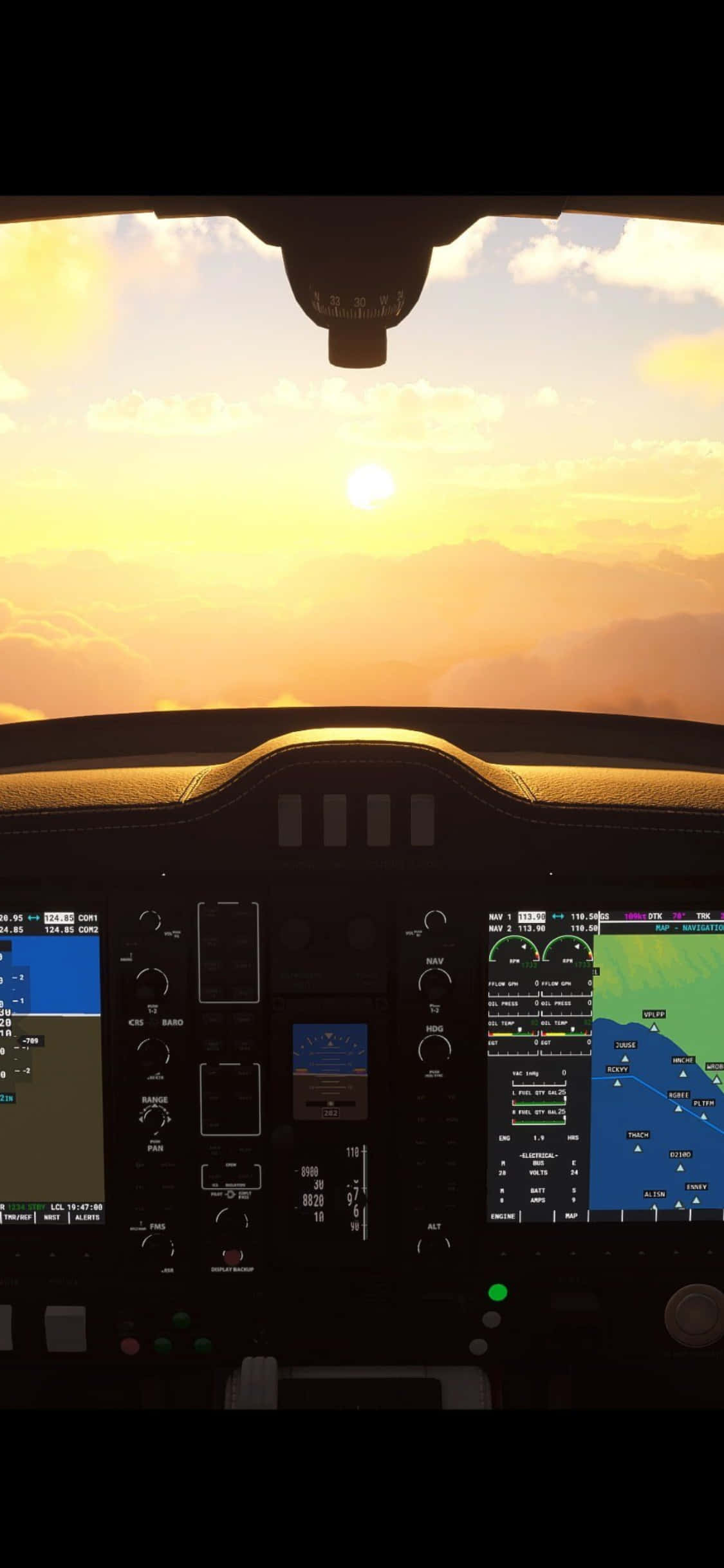 iPhone Xs Microsoft Flight Simulator 桌布 壁紙 — 從小型飛機駕駛艙欣賞的日落景色，配有發光儀表和遠處山巒剪影。