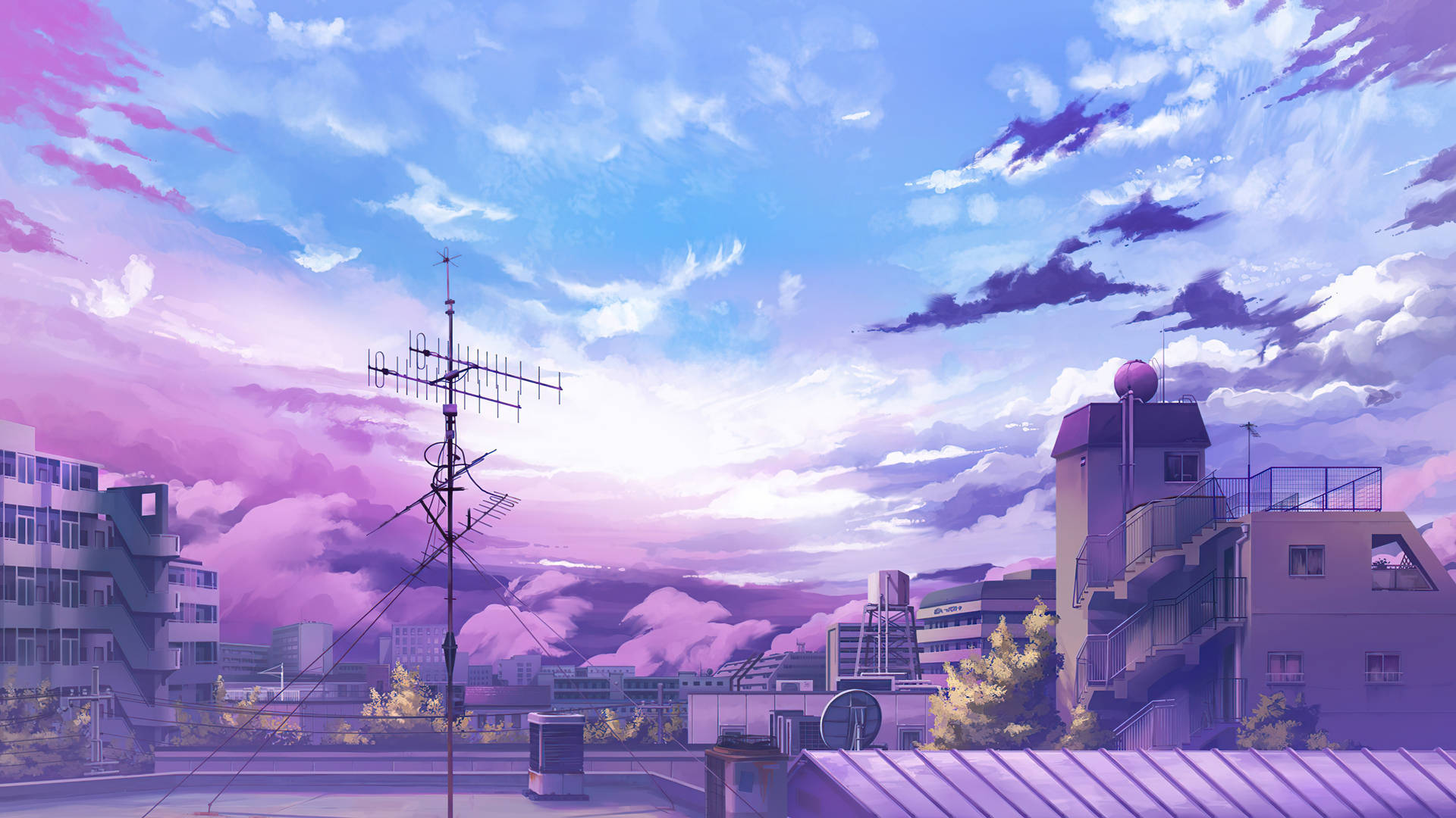 紫色和藍色暮色天空下，城市屋頂，有雲朵和天線。 — 動畫風景 壁紙