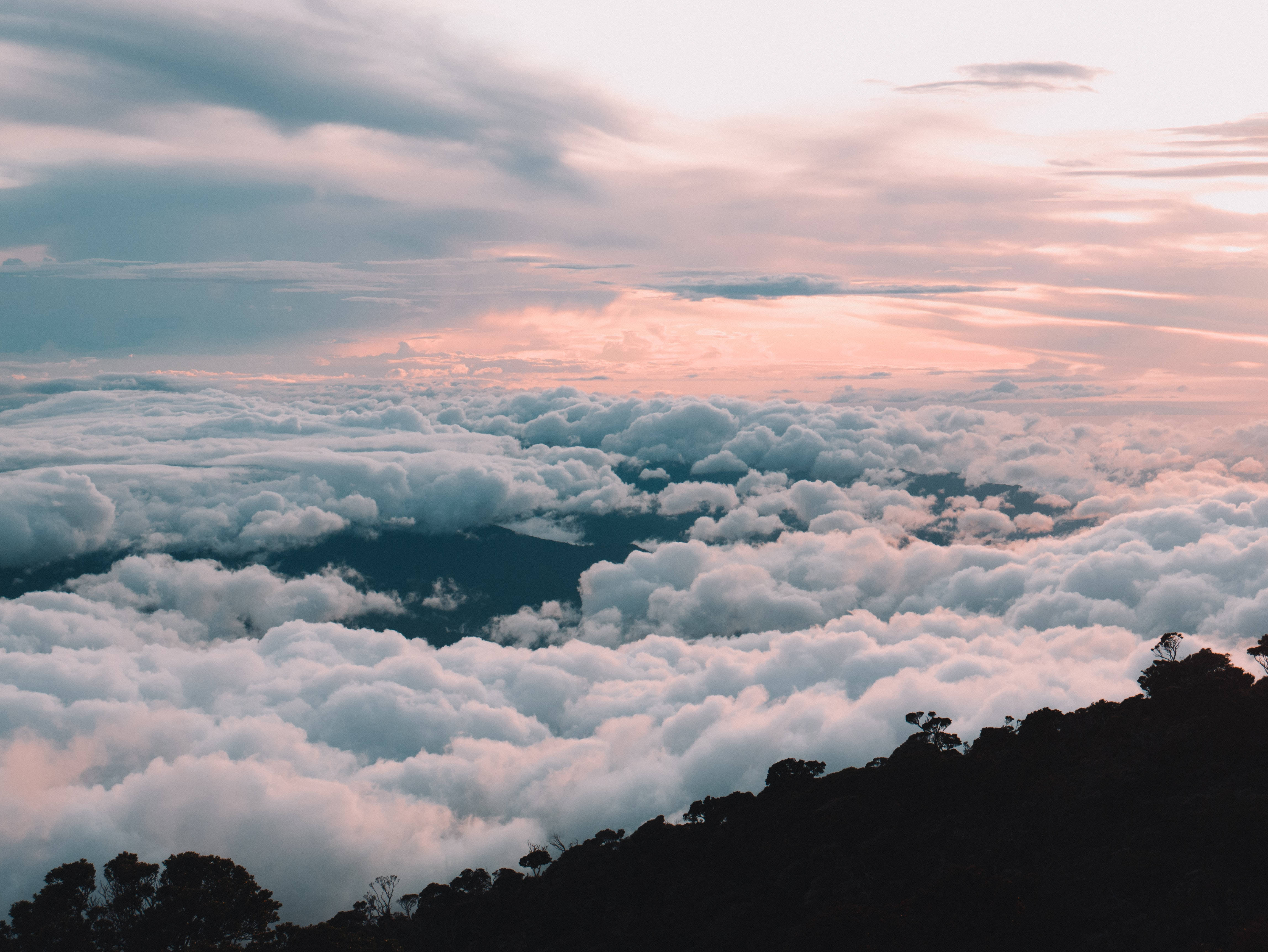 Beautiful Sky 桌布 壁紙 — 從山頂俯瞰一片柔軟雲海，沐浴在柔和粉紅色和藍色日出光中的壯麗景色。