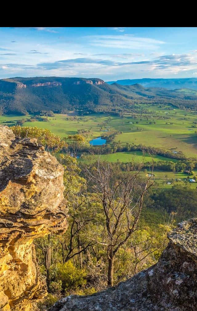 Blue Mountains National Park 桌布 壁紙 — 從岩石懸崖俯瞰翠綠山谷的壯麗景色，山谷中有蜿蜒的河流和遠處連綿起伏的丘陵，上方是明亮的藍天。