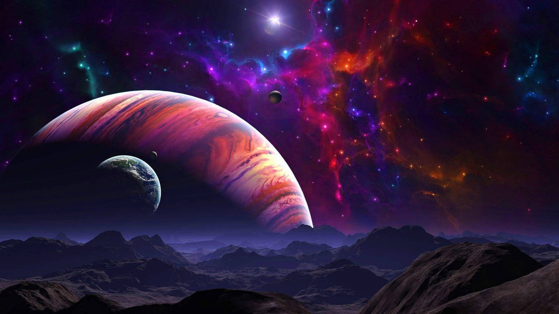 銀河 桌布 壁紙 — 從岩石行星看到的宇宙景象顯示一顆巨大的旋轉行星和類似地球的衛星，背景是充滿恆星的 vibrant 星雲。