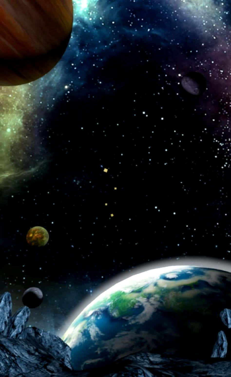 3d Galaxy 桌布 壁紙 — 從岩石觀景點觀看地球及其他行星漂浮在恆星和星雲之中的宇宙景觀。