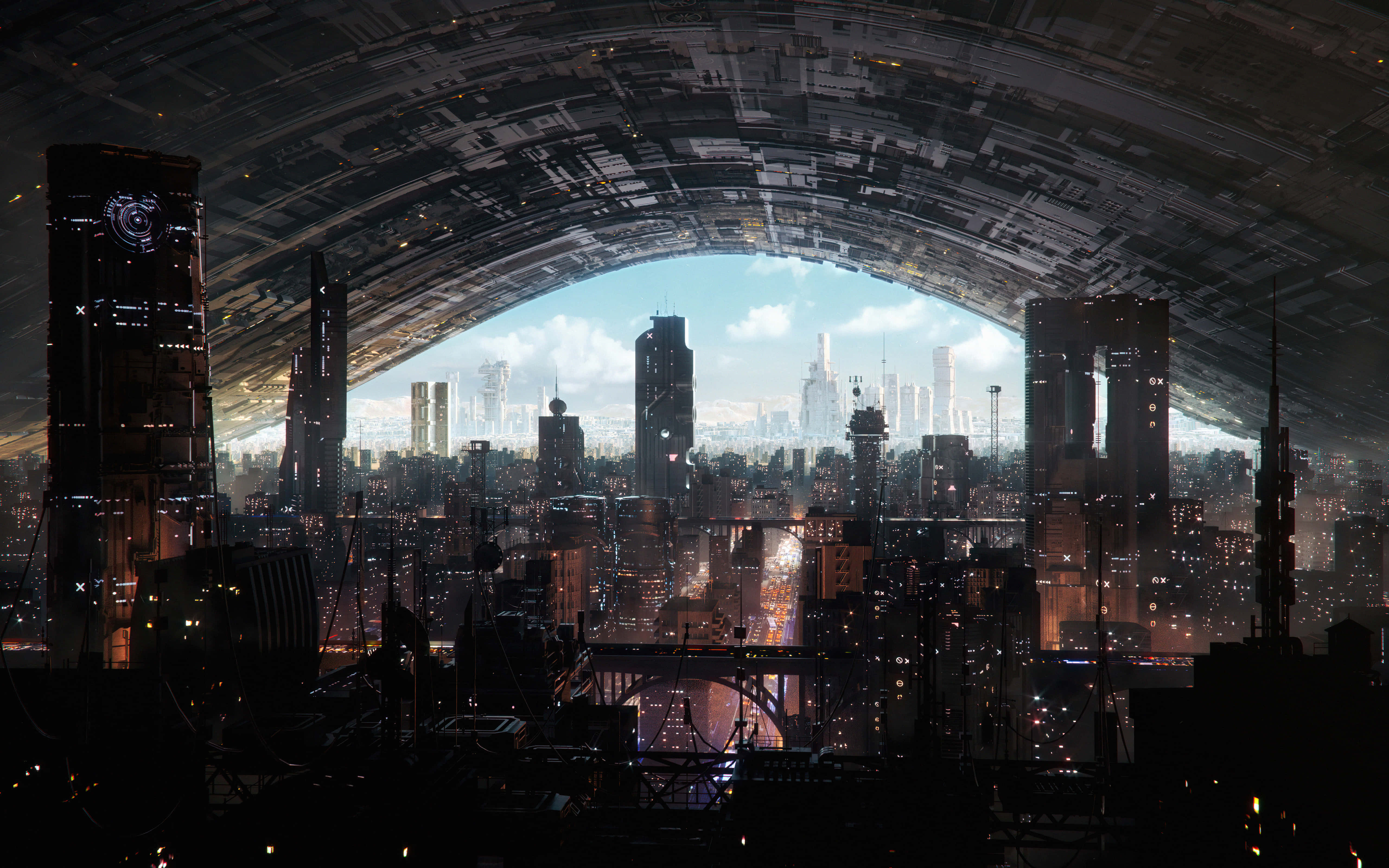 Future 桌布 壁紙 — 從巨大金屬拱門下方觀看的未來城市景觀，發光的摩天大樓和明亮的天空在遠方。
