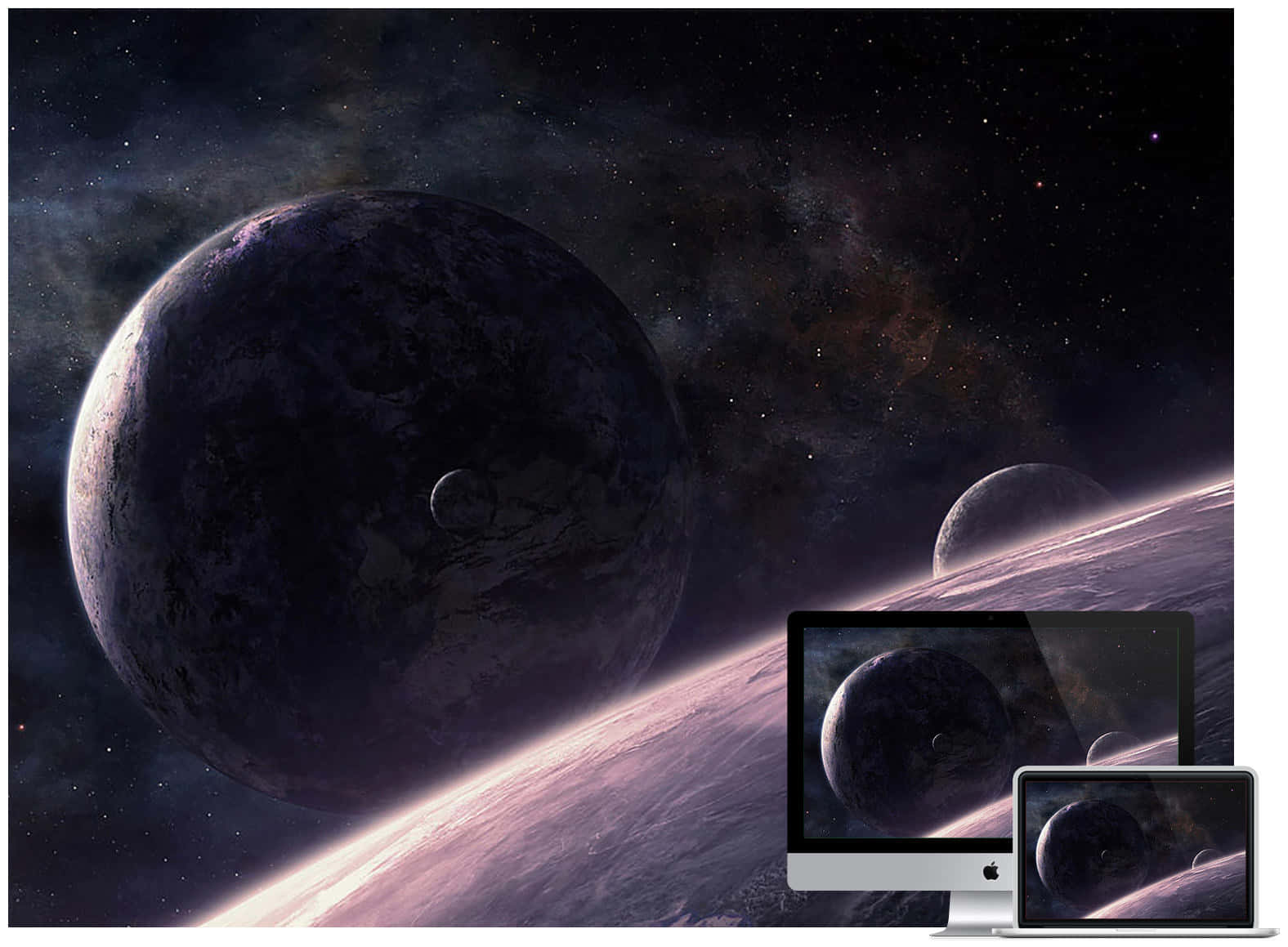 高清 桌布 壁紙 — 從彎曲的地平線觀看黑暗行星和恆星的宇宙景觀，帶有發光的粉紅色大氣，顯示在桌面和筆記型電腦螢幕上。