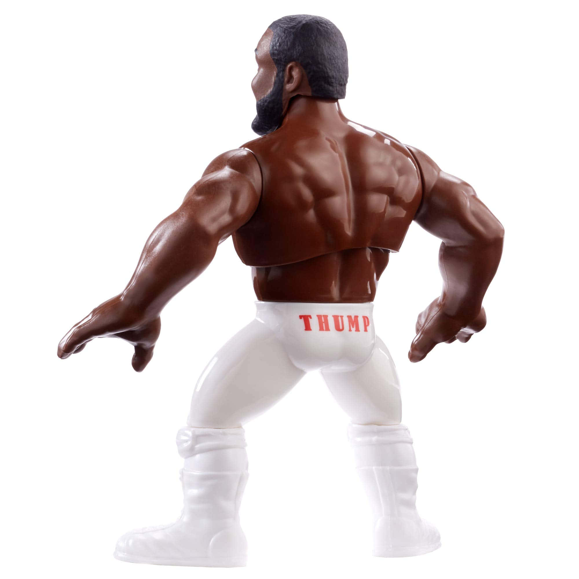 WWE 桌布 壁紙 — 從後方看到的肌肉發達摔角手動作人偶，穿著帶有紅色 'THUMP' 文字的白色三角褲和白色靴子。