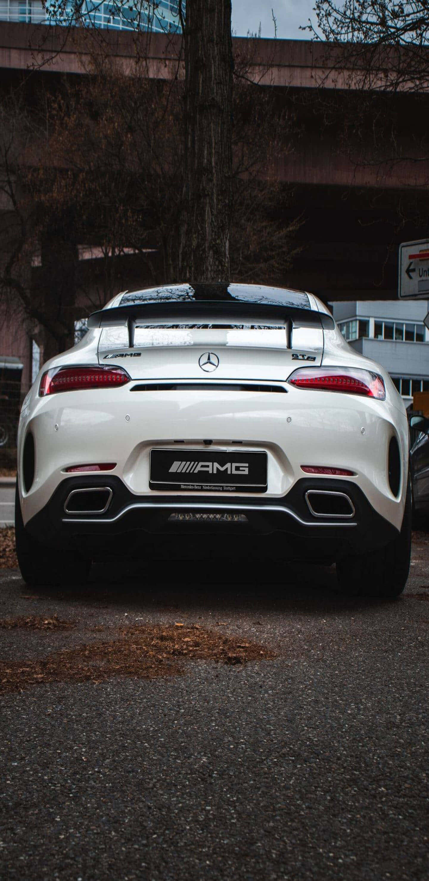 Mercedes 桌布 壁紙 — 從後方觀看一輛白色Mercedes-AMG GT R跑車停在天橋下，背景有光禿的樹木和城市建築。