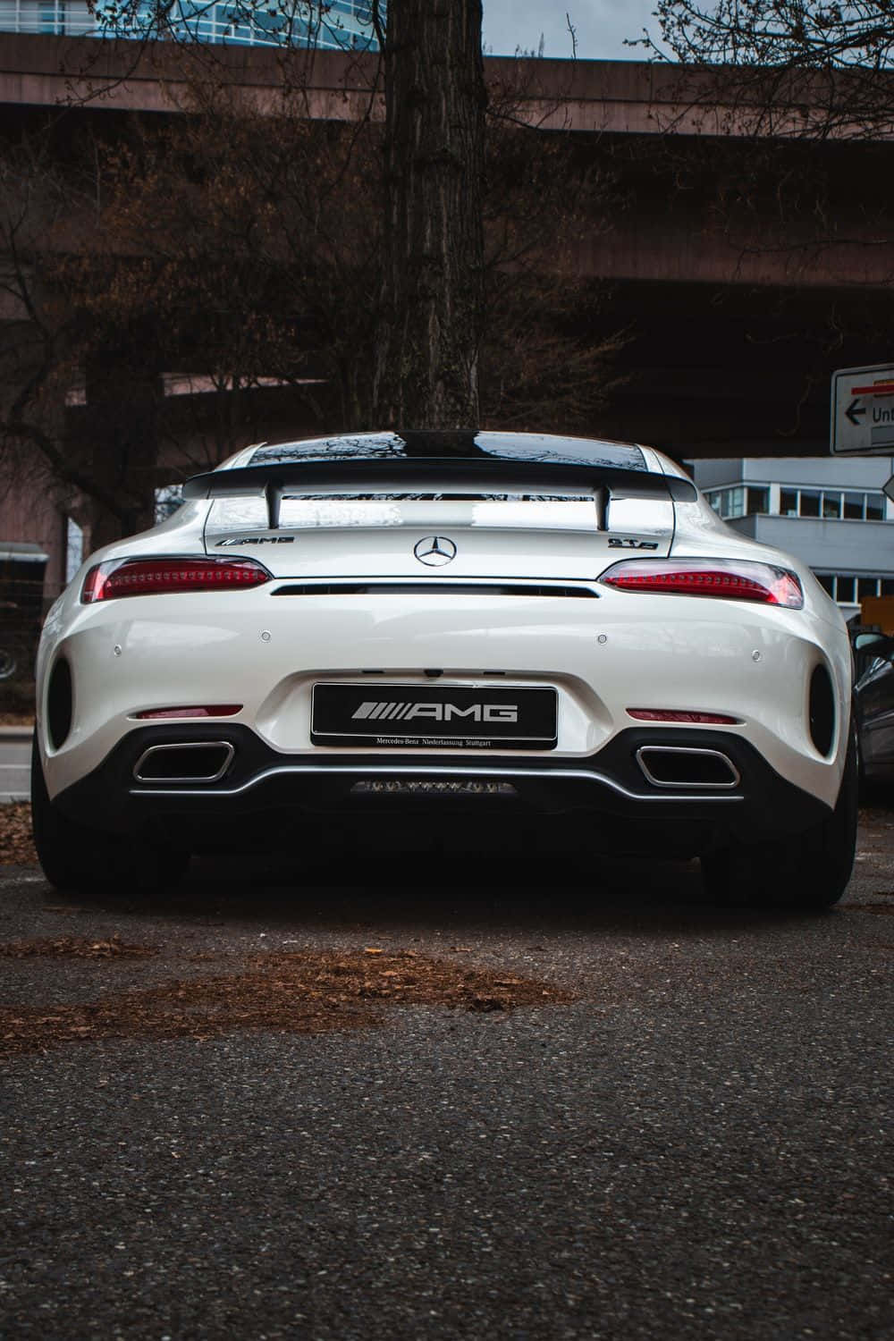 Mercedes 桌布 壁紙 — 從後方觀看白色 Mercedes-AMG GT R 跑車，位於天橋下，有光禿的樹木和瀝青上的落葉。