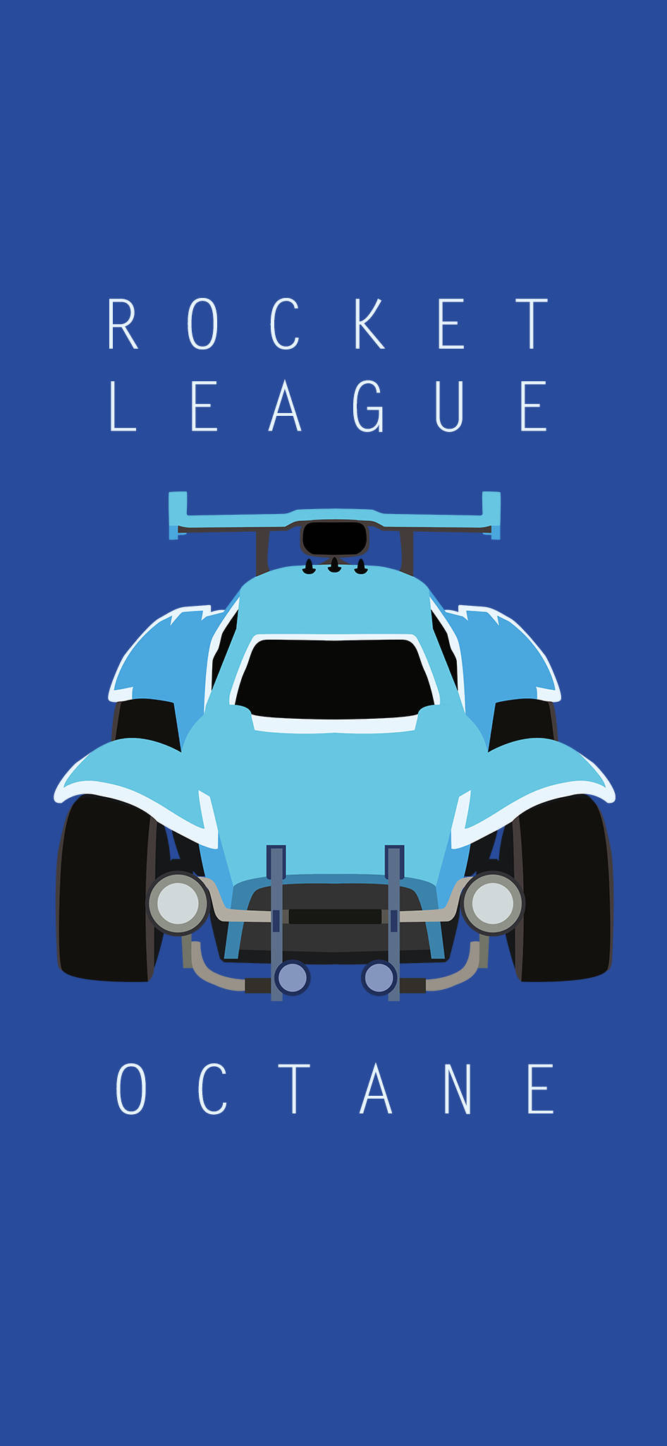 Rocket League iPhone 桌布 壁紙 — 從後方觀看的風格化淺藍色Rocket League Octane汽車，背景為純藍色並帶有白色文字。