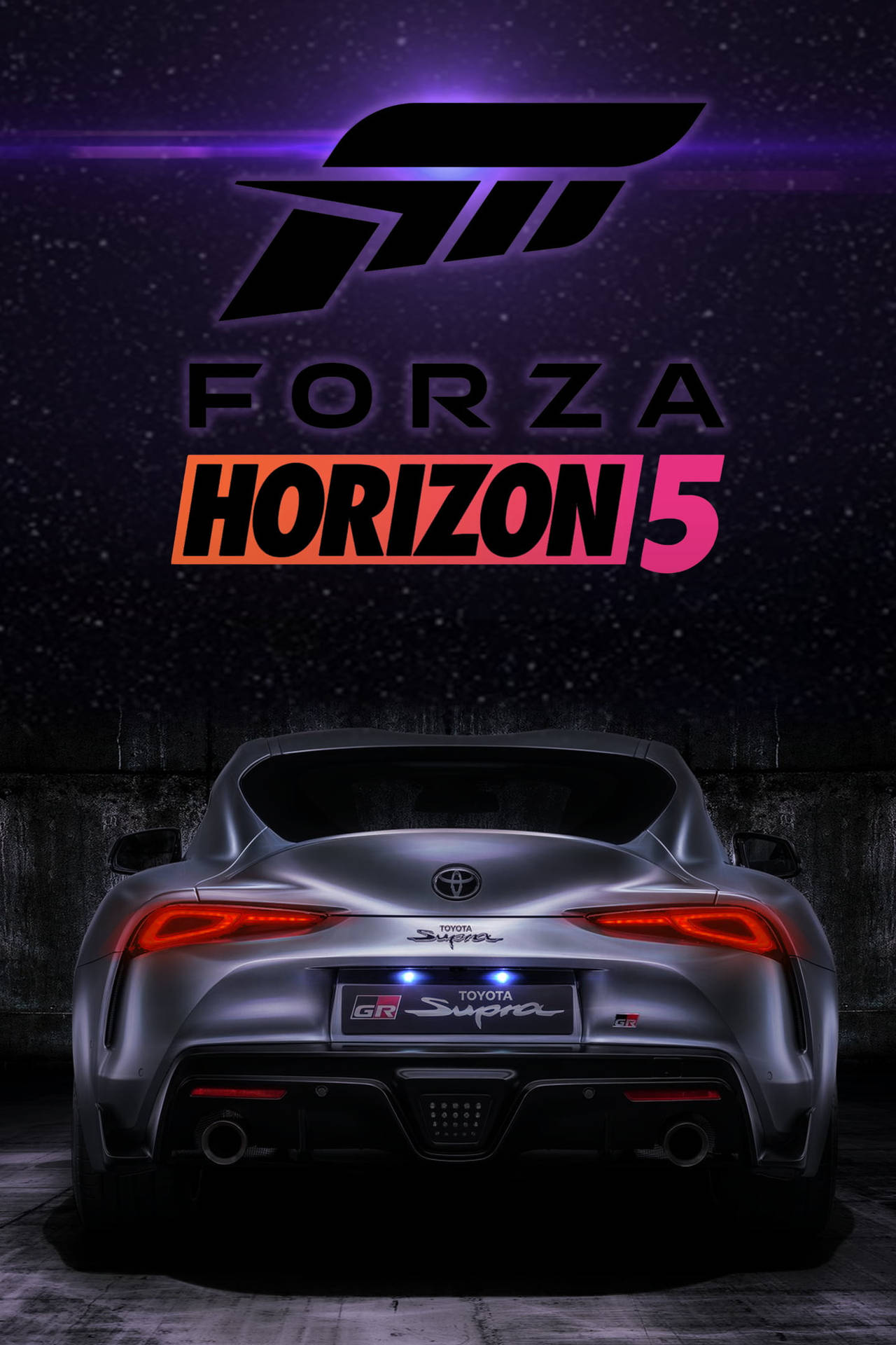 銀色豐田Supra跑車，在紫色霓虹燈下發光尾燈，帶有Forza Horizon 5標誌。