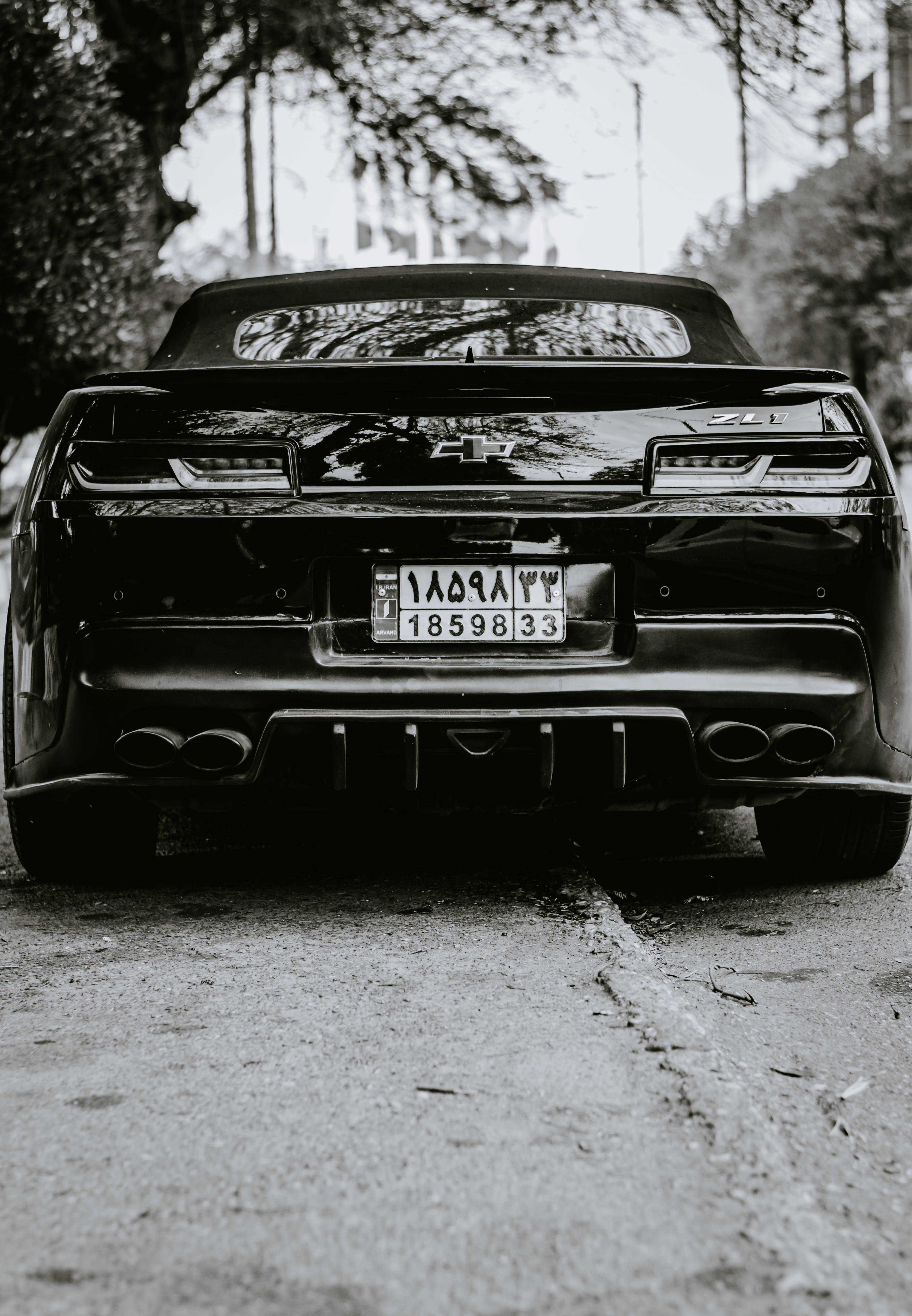 Chevrolet Logo 桌布 壁紙 — 從後方觀看黑色雪佛蘭Camaro ZL1敞篷車，停在裂開的柏油路上，背景有樹木。