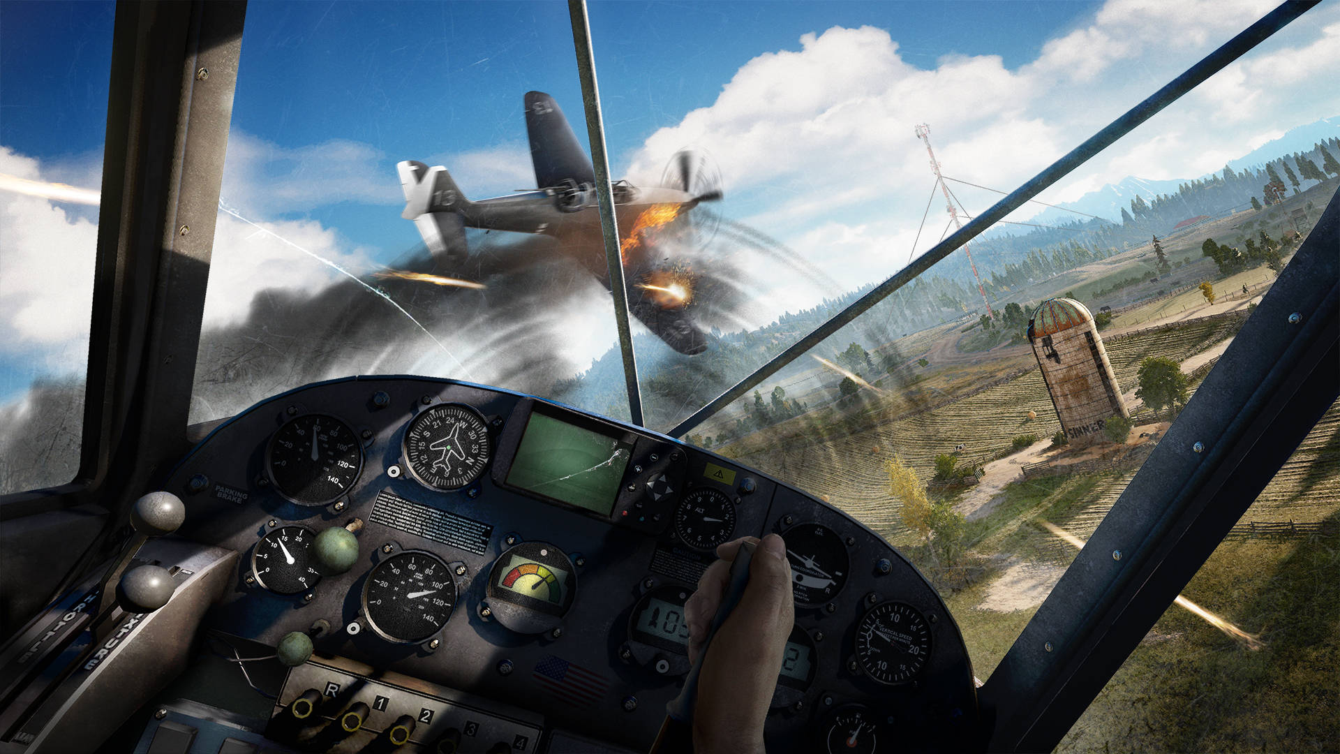 Far Cry 5 桌布 壁紙 — 從戰鬥機駕駛艙的第一人稱視角，在陽光明媚的鄉村景觀上空向敵機開火。