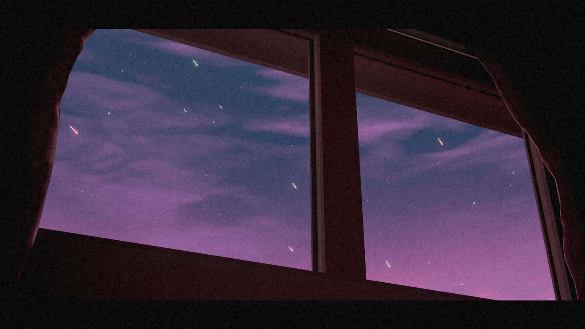 Aesthetic Sky 桌布 壁紙 — 從昏暗房間內透過窗戶看到的景色，展現出繁星點點的紫色暮色天空，伴隨著劃過的流星。