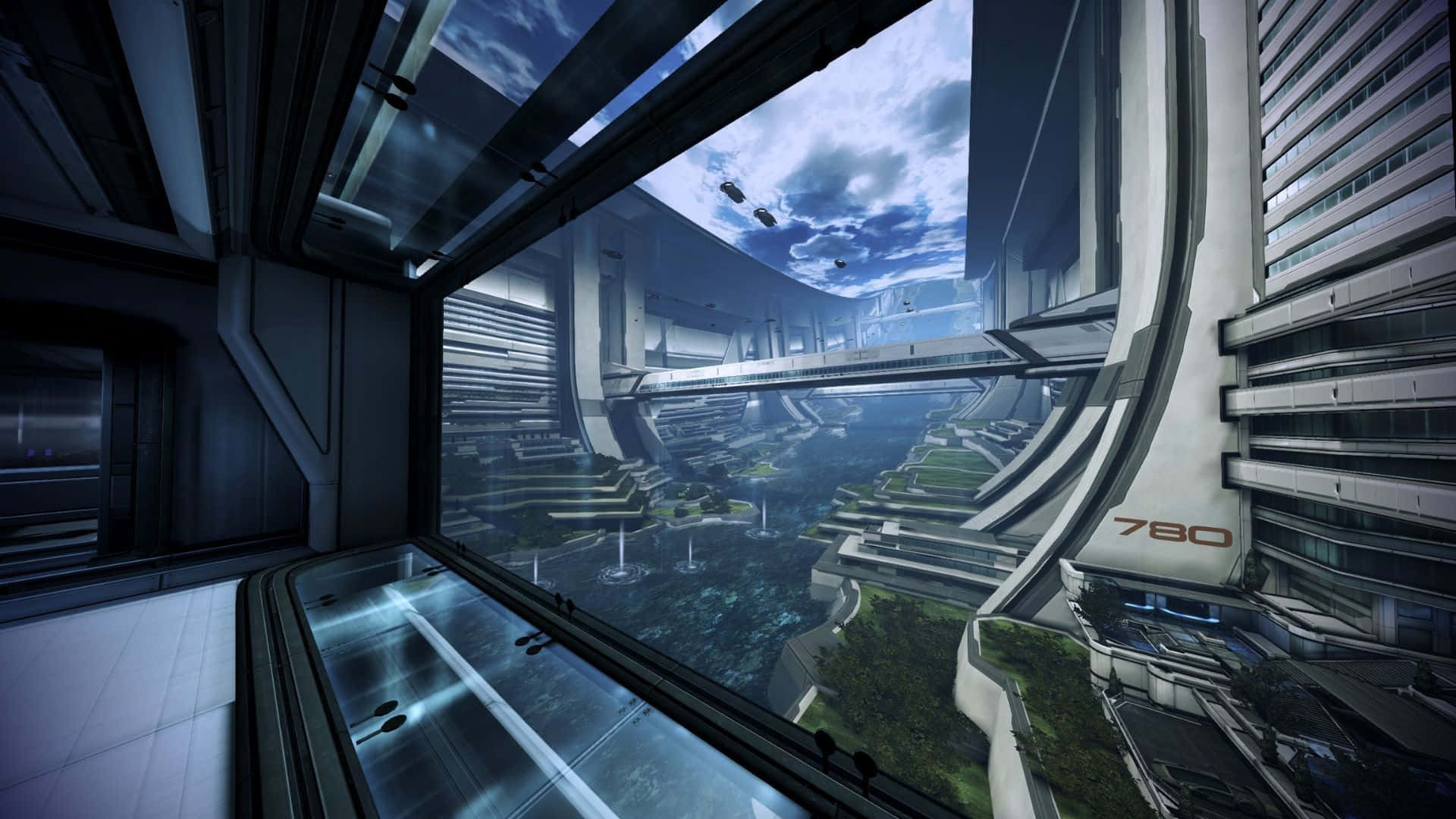 Mass Effect Citadel 桌布 壁紙 — 從時尚玻璃觀景台眺望未來城市景觀，飛行車輛在陰雲密布的天空中穿梭。