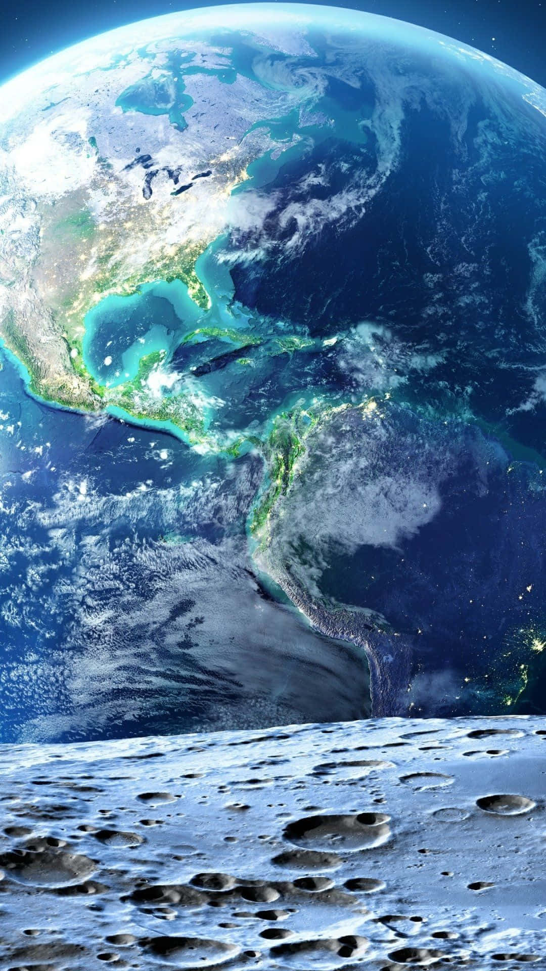 地球 桌布 壁紙 — 從月球觀看地球，蔚藍的海洋和閃爍的城市燈光映襯著星空。