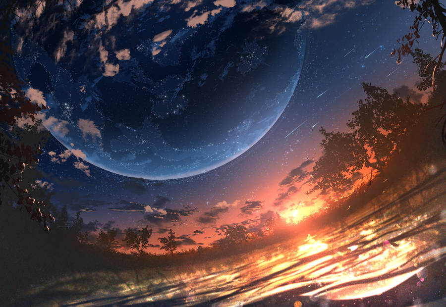 桌布 壁紙 — 從森林空地看到的超現實動漫風格日落景色，巨大的發光行星和流星劃過暮色天空。