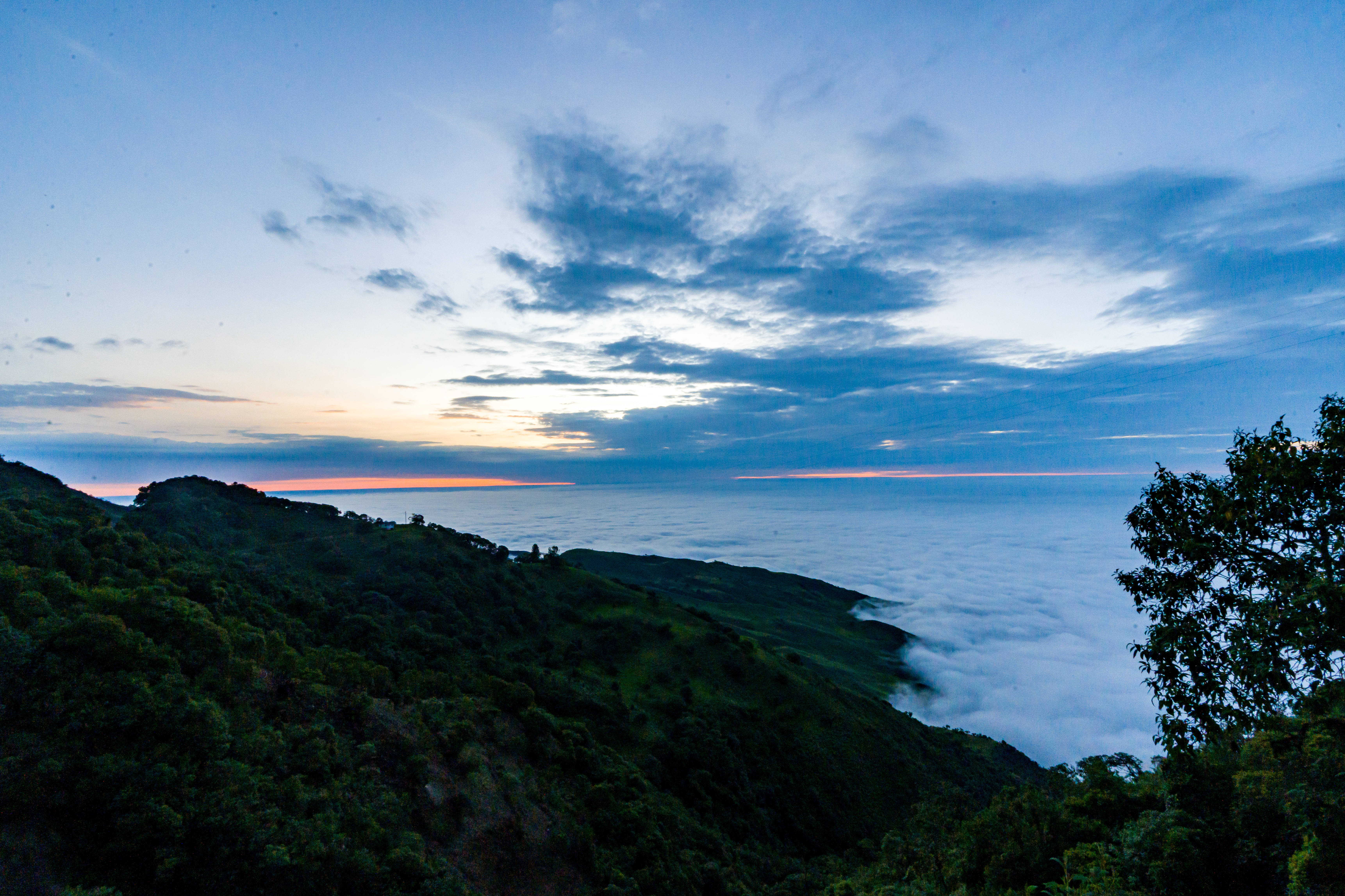 Ecuador 桌布 壁紙 — 從樹林覆蓋的山丘俯瞰雲海，天空呈現柔和橙色和藍色調的寧靜黃昏景色。