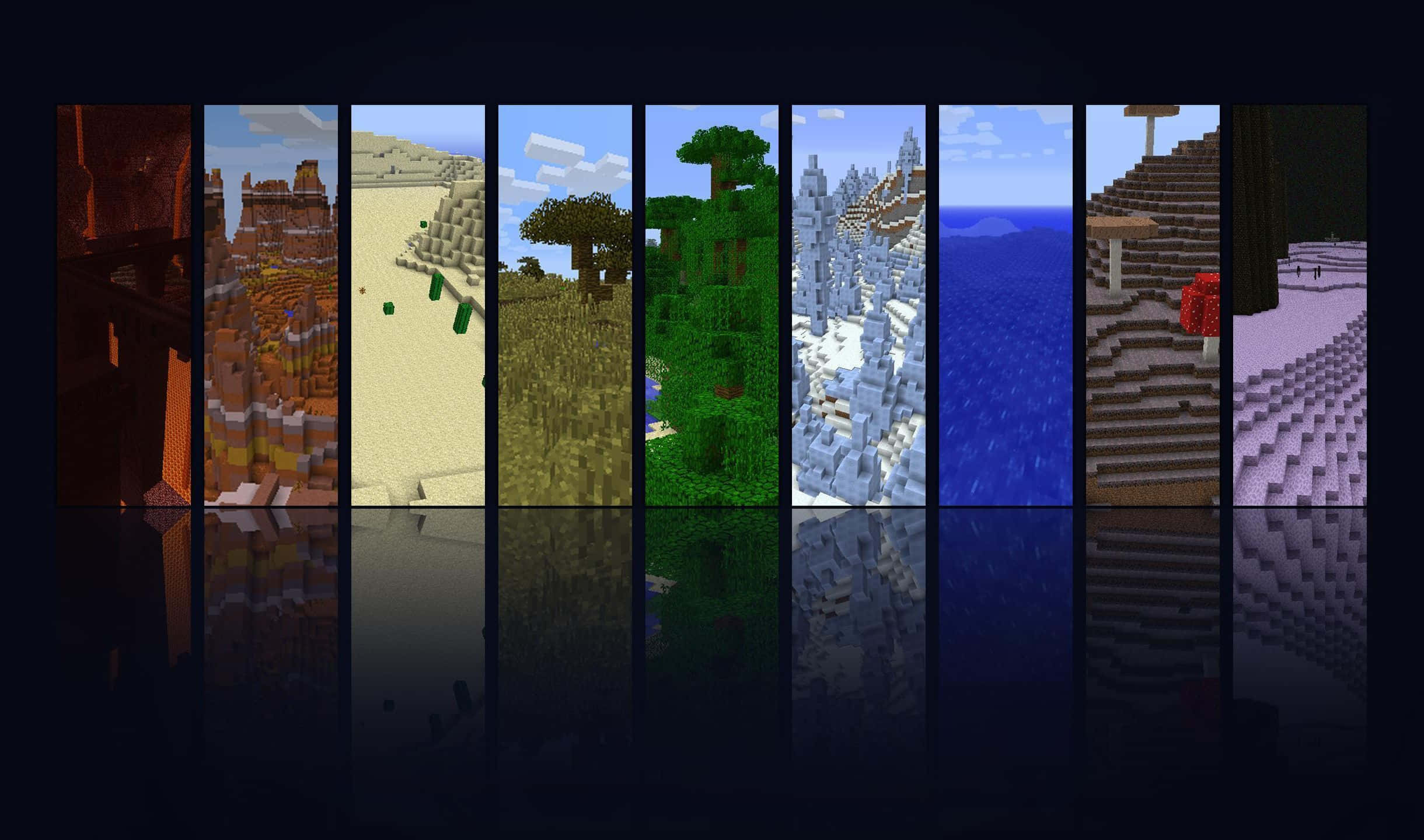 2440x1440 桌布 壁紙 — 從沙漠到雪地苔原的Minecraft生態域網格，以標誌性的方塊像素藝術風格呈現，搭配反射性深色地板。