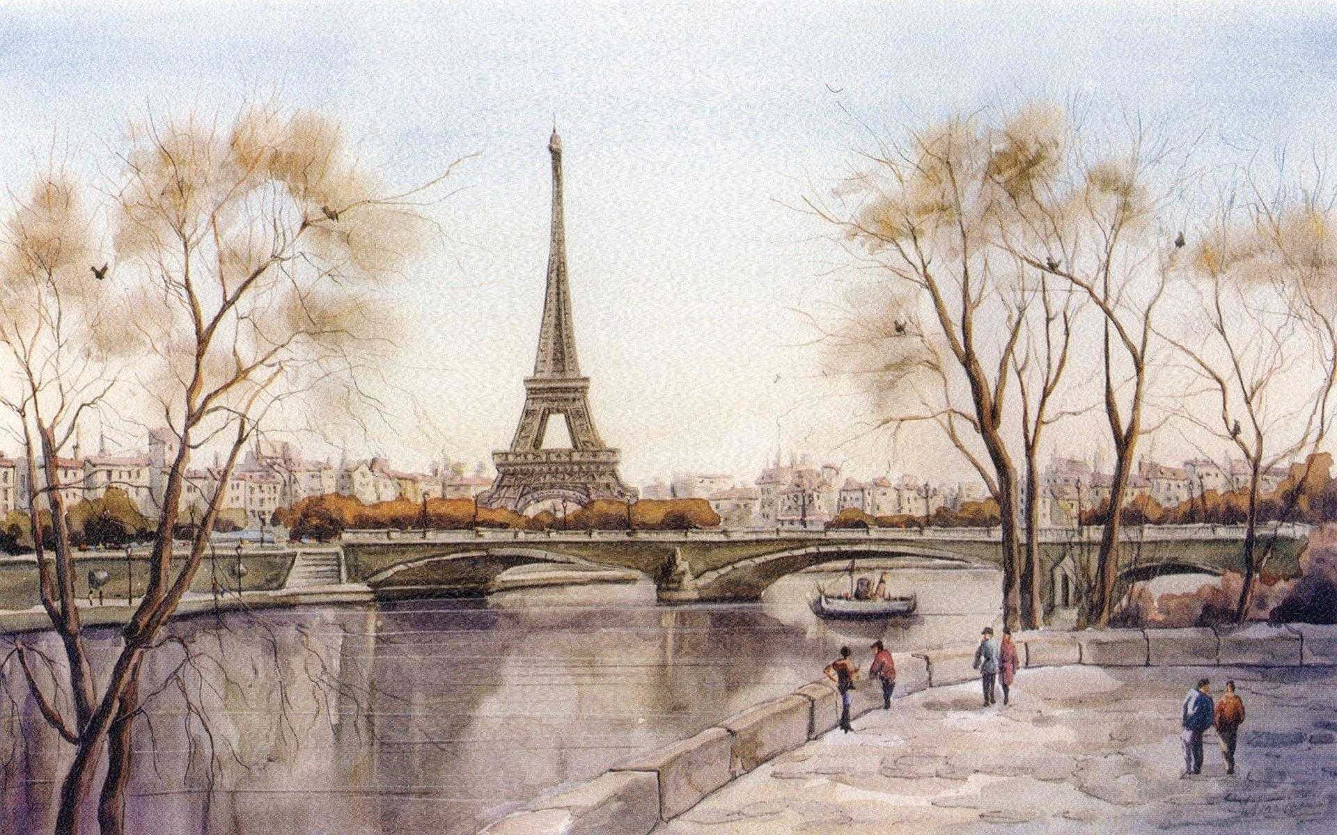 Paris Desktop 桌布 壁紙 — 從河岸觀看艾菲爾鐵塔的水彩畫，有光禿的樹木和沿著碼頭的行人。