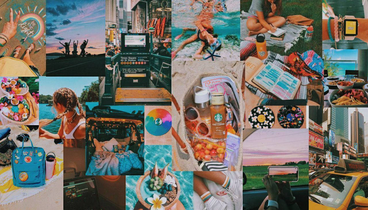 Summer Collage 桌布 壁紙 — 從海灘到城市街道的充滿活力的旅行時刻拼貼畫，包括色彩繽紛的食物和日落景色。