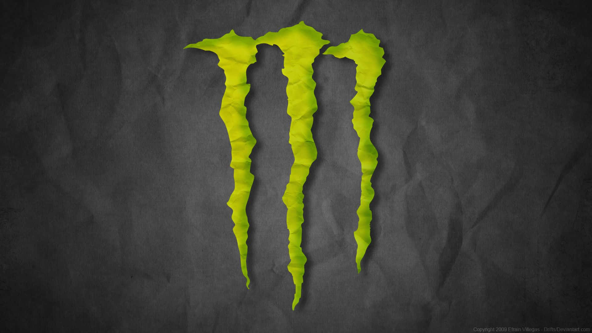 怪物 桌布 壁紙 — 從深灰色皺紋紙質感中撕下的鮮豔萊姆綠色Monster Energy爪標誌。