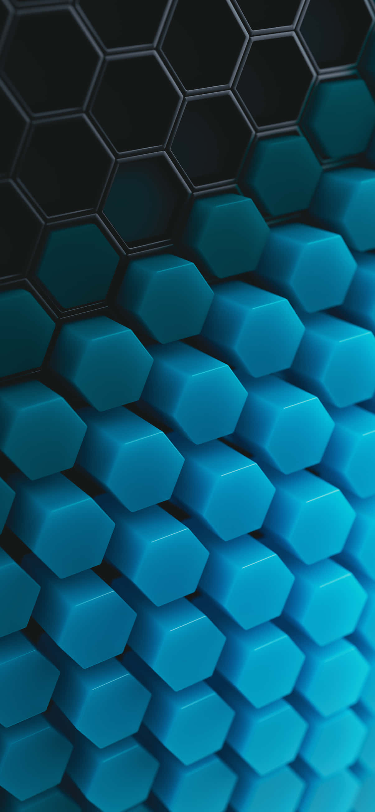 Geometric iPhone 桌布 壁紙 — 從深藍到亮藍的六角形瓷磚漸變，營造出帶有銳利陰影和光澤高光的時尚幾何圖案。